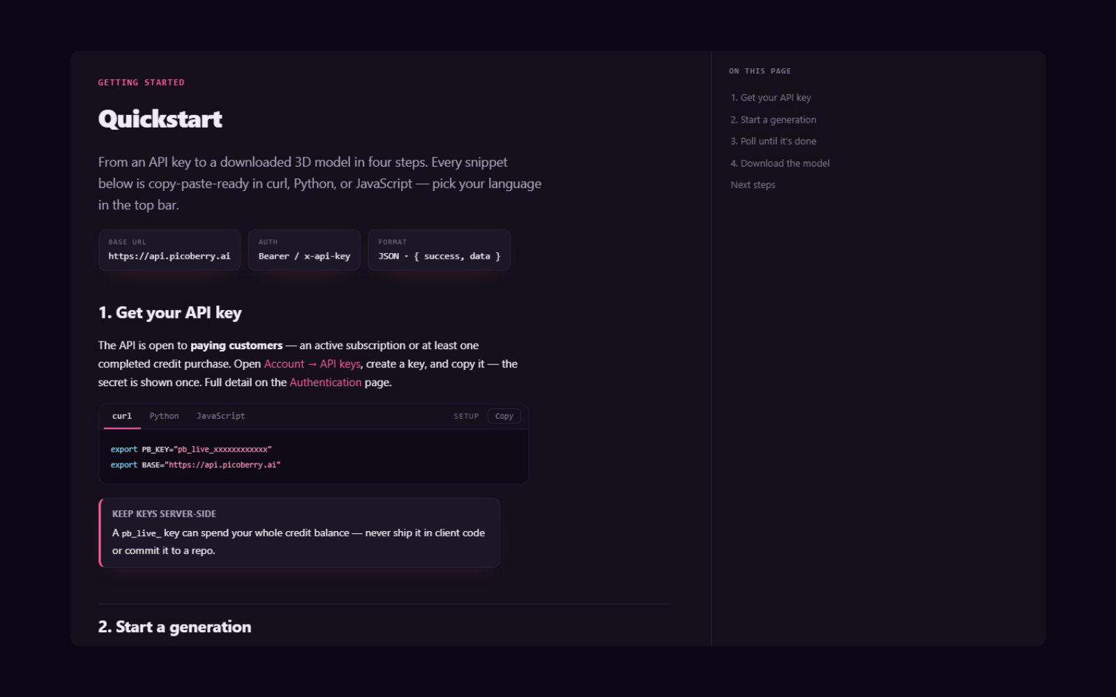 PicoBerry API Quickstart 문서 화면