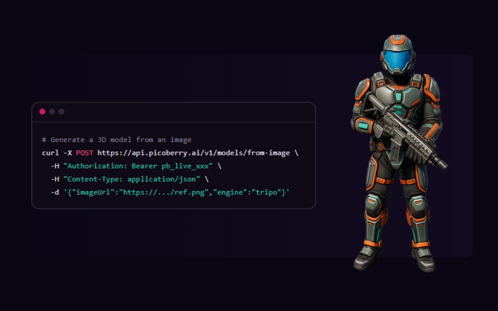 A code snippet calling the PicoBerry 3D generation API beside a generated sci-fi soldier