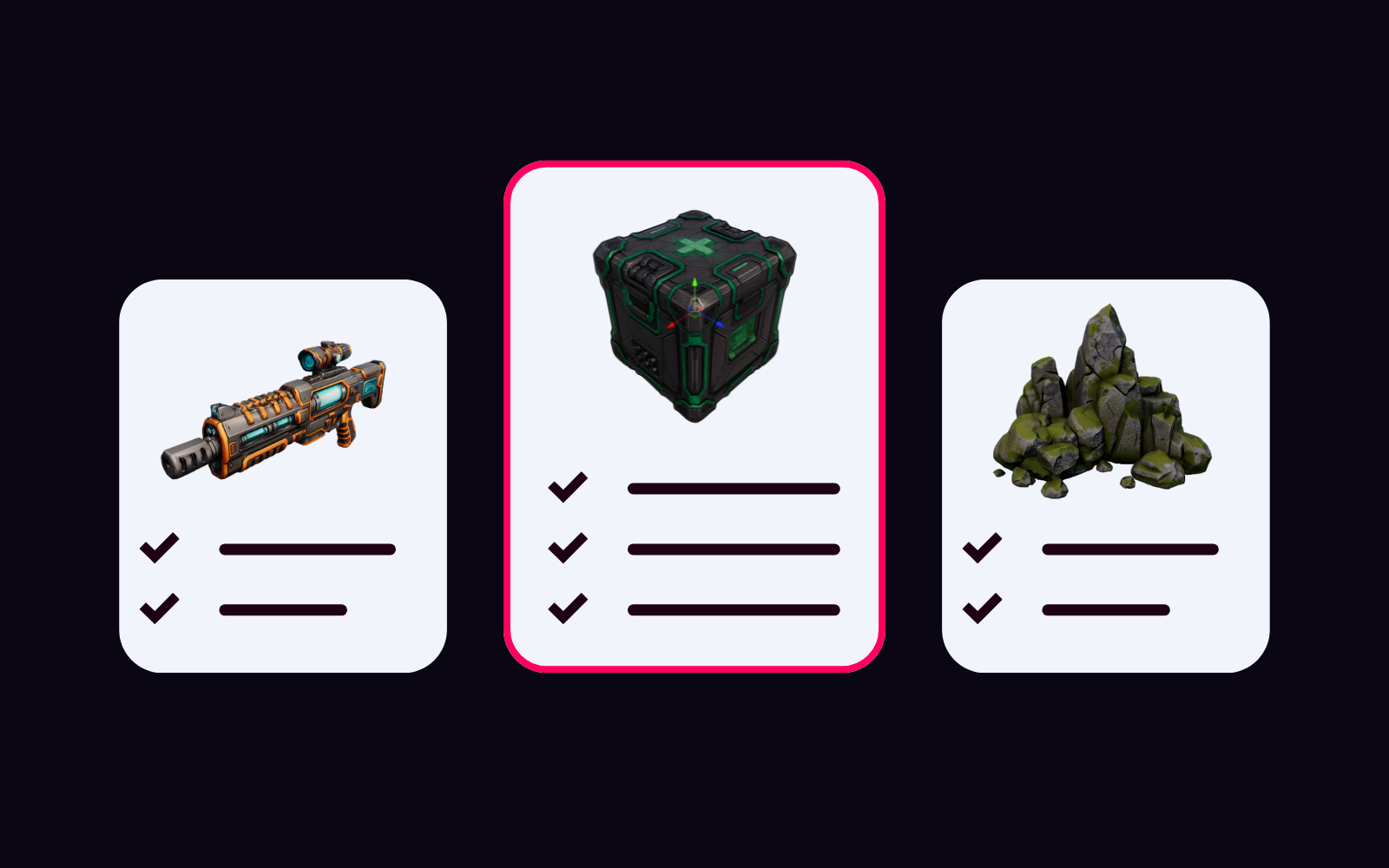 Three pricing plan cards with the middle one highlighted, each showing a game asset — a pricing comparison