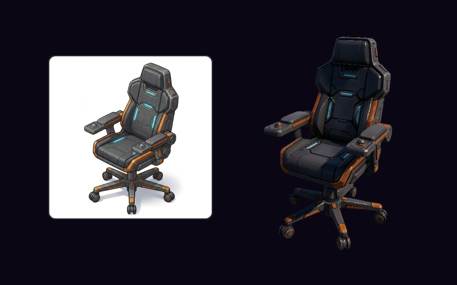 A game chair shown as a concept and as a refined 3D model — the PicoBerry to UModeler X workflow