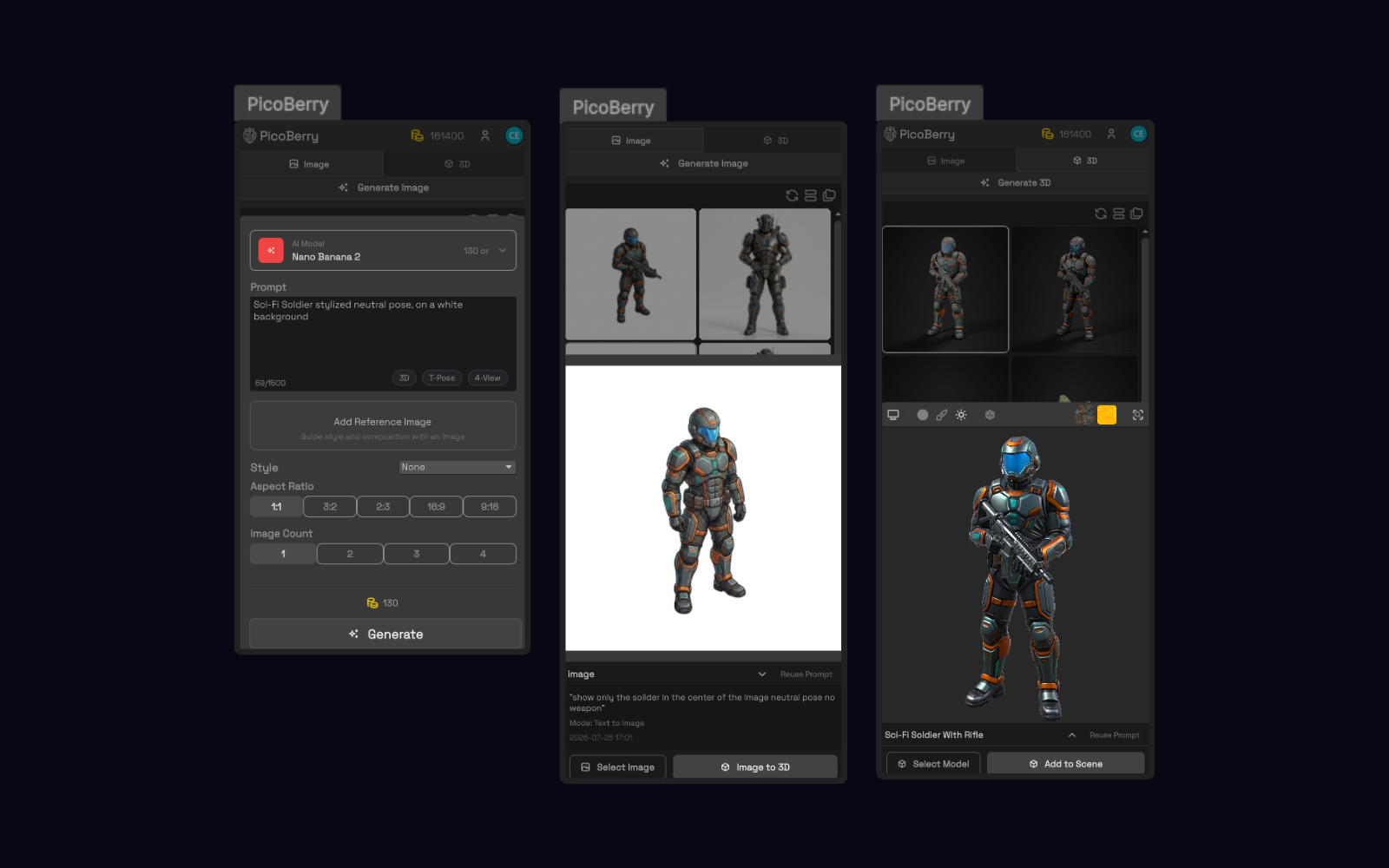 Generating a sci-fi soldier from a text prompt in PicoBerry, then turning it from image to 3D inside Unity