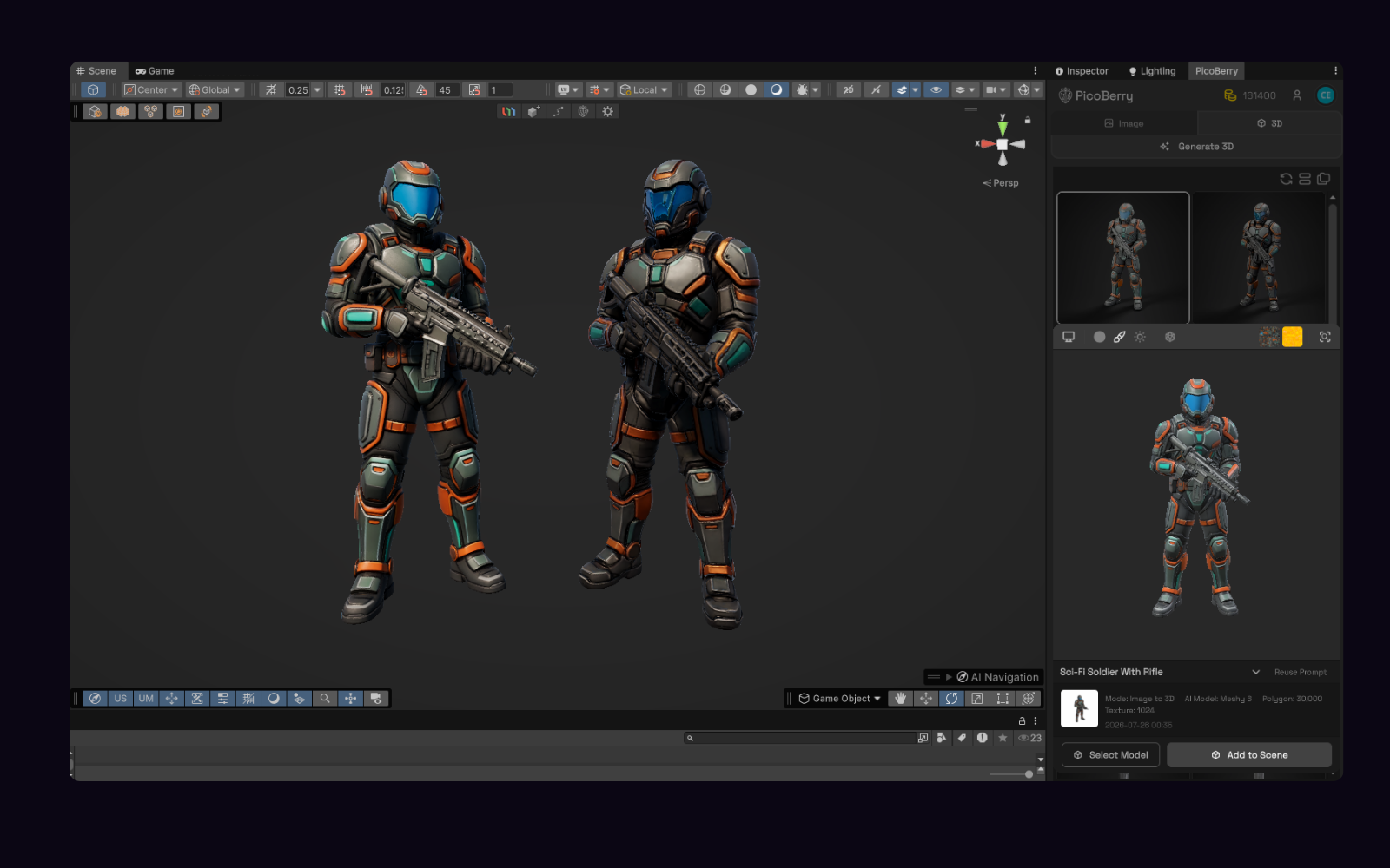 Comparing multiple AI-generated 3D soldier models side by side in a Unity scene with PicoBerry
