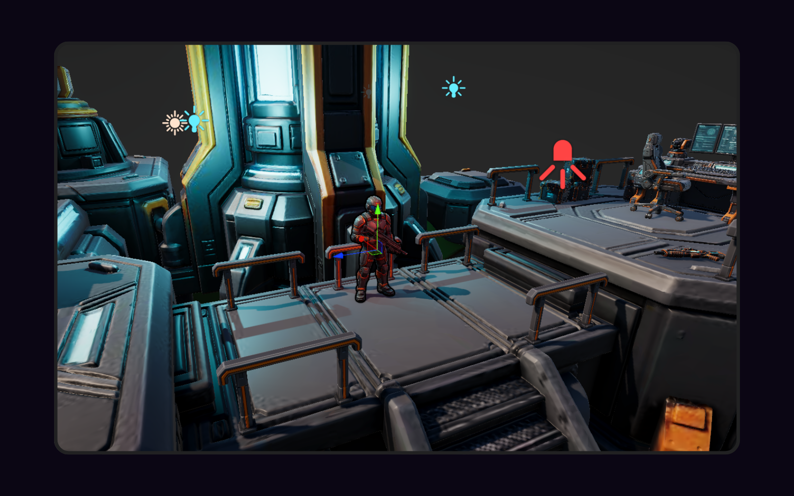 An AI-generated sci-fi soldier asset placed in a detailed Unity game scene
