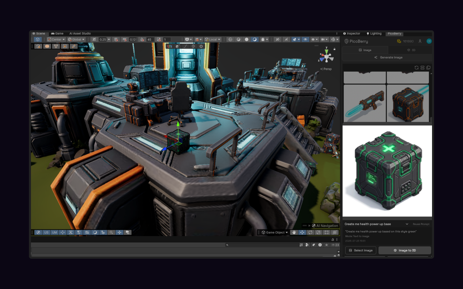 An AI-generated sci-fi crate placed in a detailed Unity game scene