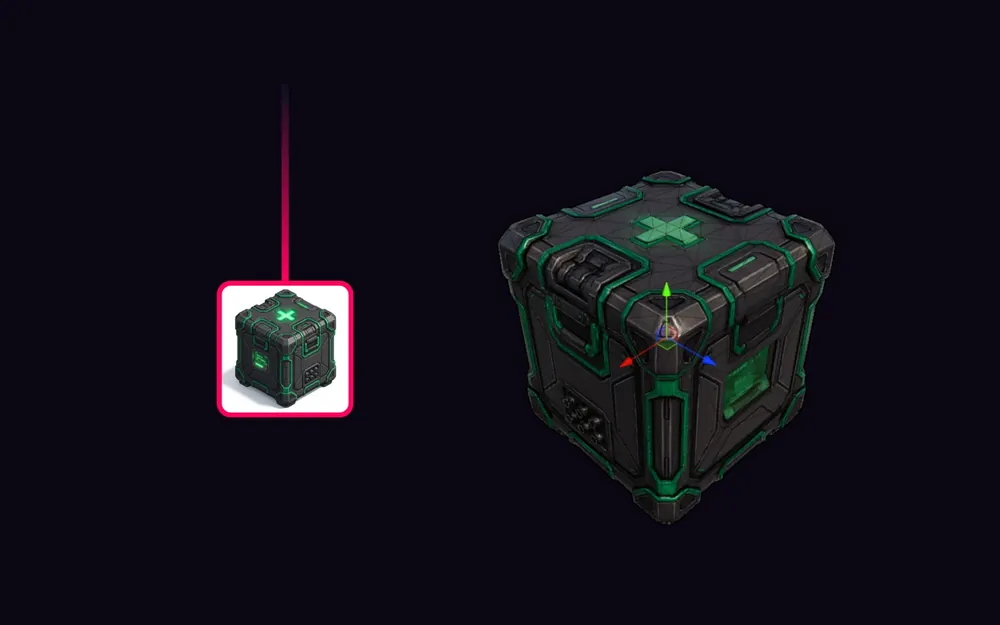 A sci-fi loot-crate model shown with its small source thumbnail and the finished mesh in a viewport