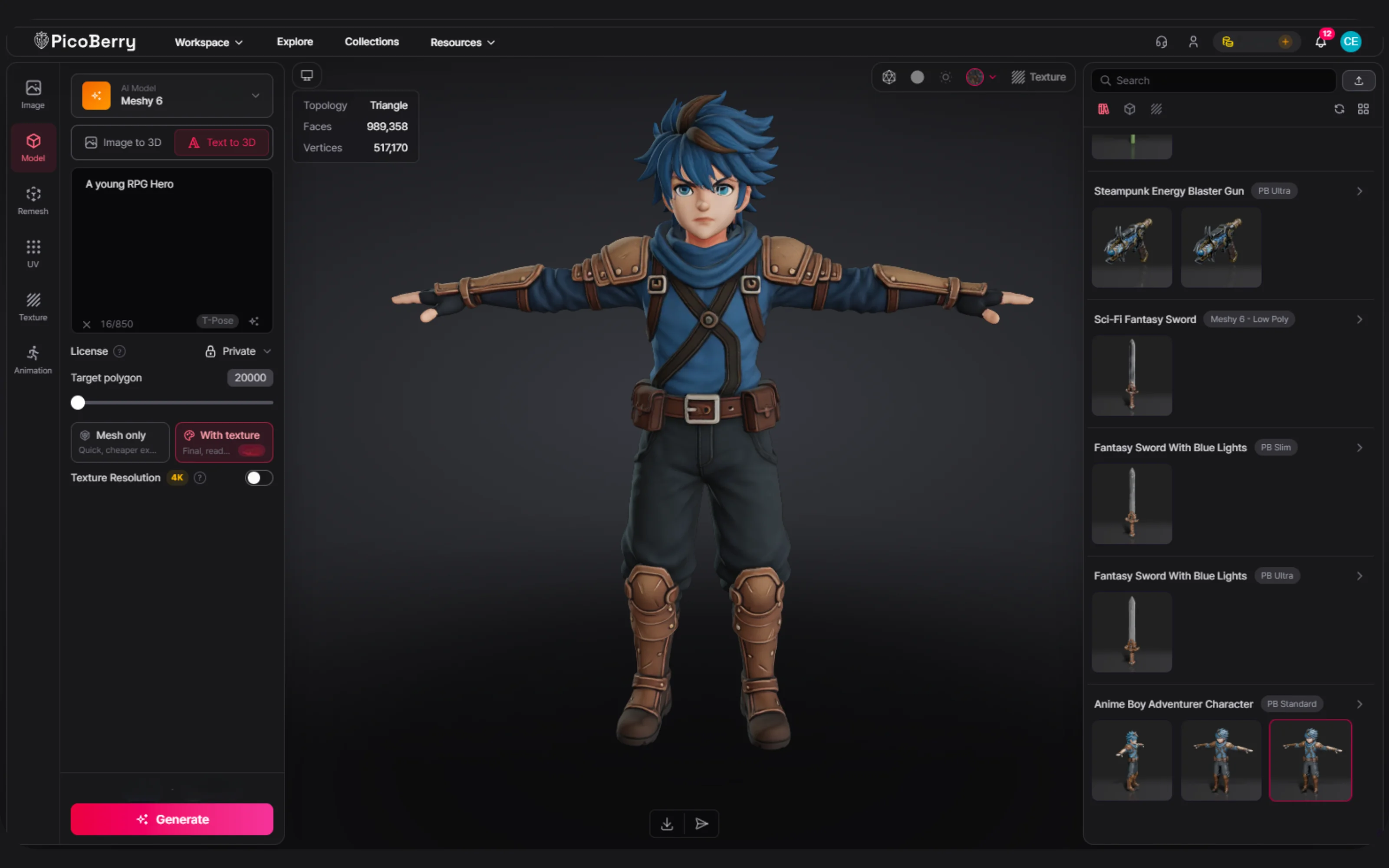 PicoBerry 3D 모델 뷰에서 T-포즈 RPG 히어로 캐릭터와 토폴로지 통계, 면·정점 수, 게임 사용 전 검수를 위한 재질 컨트롤을 보여 주는 화면