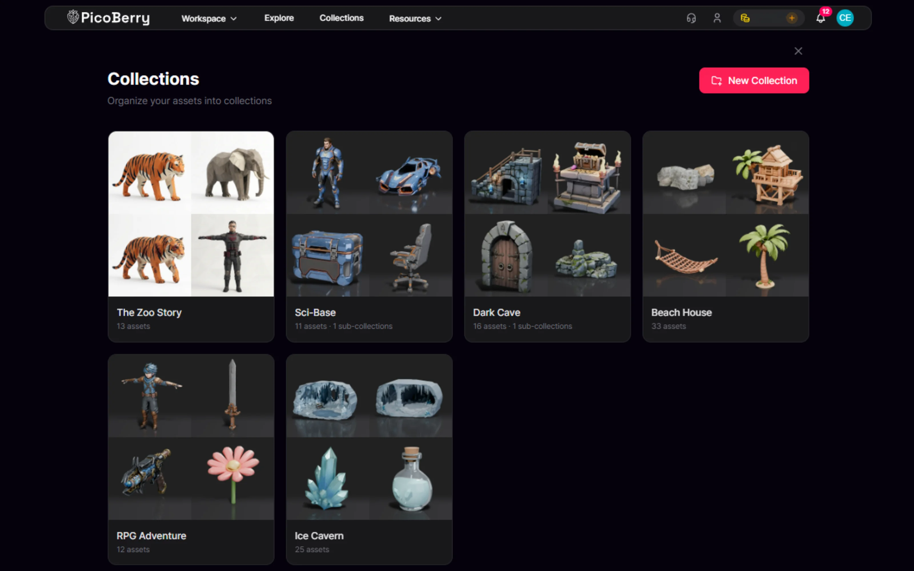 The Zoo Story, Sci-Base, Dark Cave, Beach House, RPG Adventure, Ice Cavern 등 프로젝트별 컬렉션과 에셋 썸네일을 보여 주는 PicoBerry Collections 화면