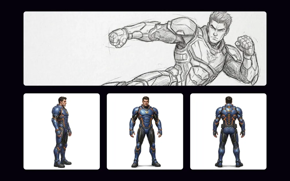 A pencil concept sketch of a character beside three rendered views of that same design