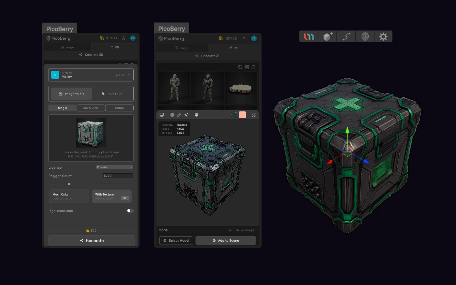PicoBerry’s generation panel and result view placed side by side: an AI model dropdown, polygon-count control and Generate button, then the generated crate with its face and vertex counts, Select Model and Add to Scene