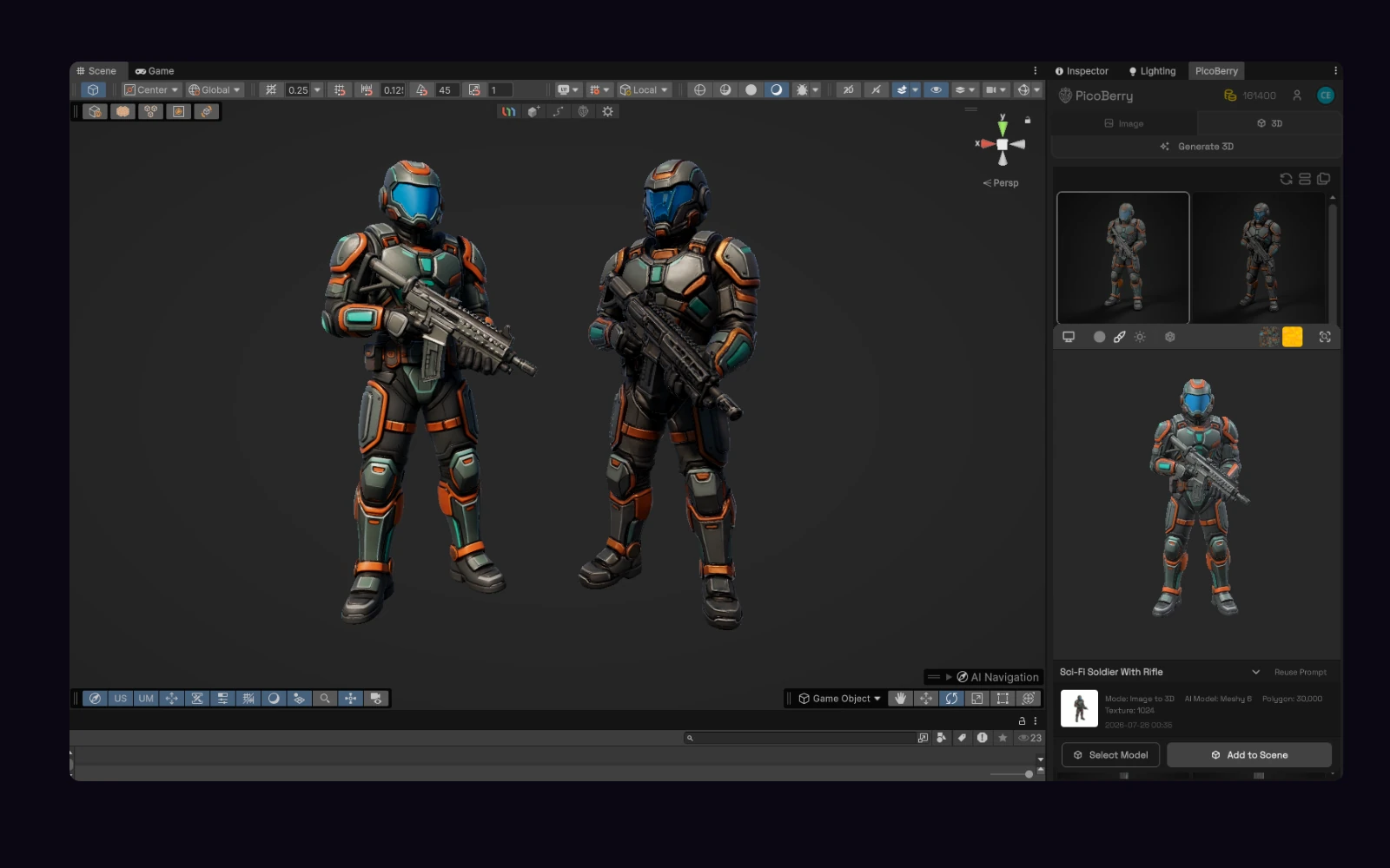 The PicoBerry panel docked inside the Unity Editor, showing generated model candidates with Select Model and Add to Scene, next to the character placed in a Unity scene
