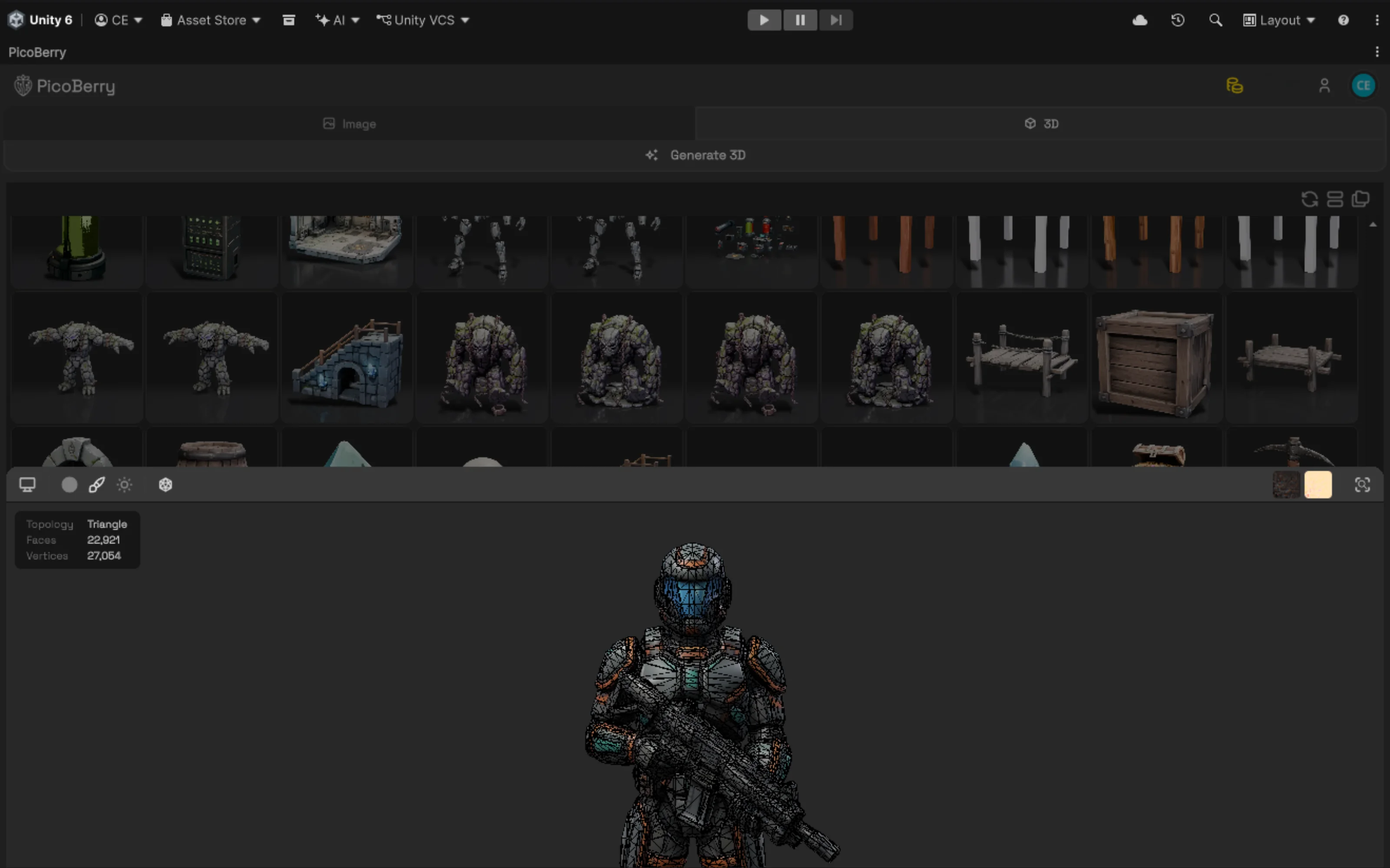 Unity 6 에디터 안에 도킹된 PicoBerry 패널. 스크롤 가능한 생성 3D 에셋 후보 라이브러리와 와이어프레임 토폴로지, 면·정점 수를 가진 SF 병사 모델이 보이는 화면