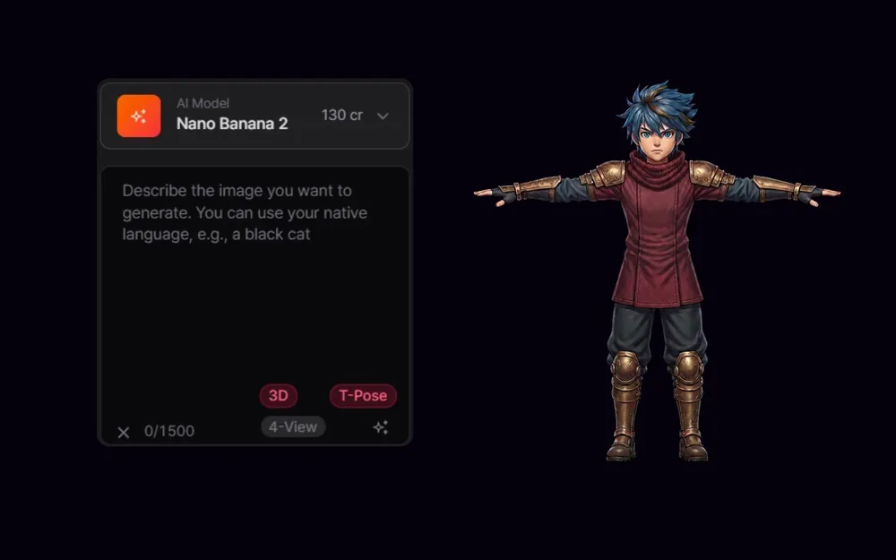 PicoBerry’s image panel with the T-Pose option enabled, beside a front-facing T-pose character reference
