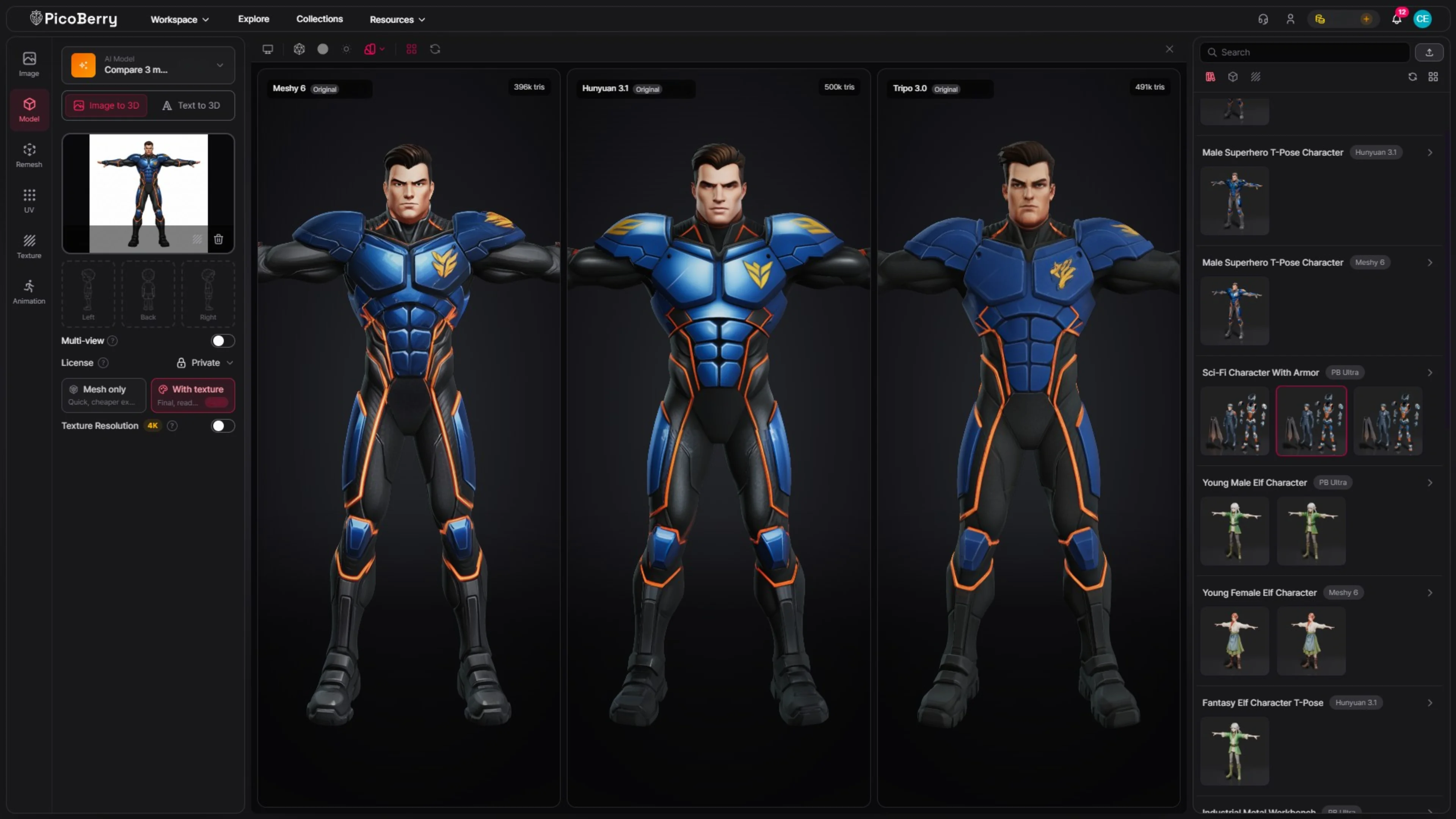 같은 슈퍼히어로 캐릭터를 PicoBerry의 Meshy·Hunyuan3D·Tripo로 생성하고 모델별 삼각형 수를 나란히 비교한 화면