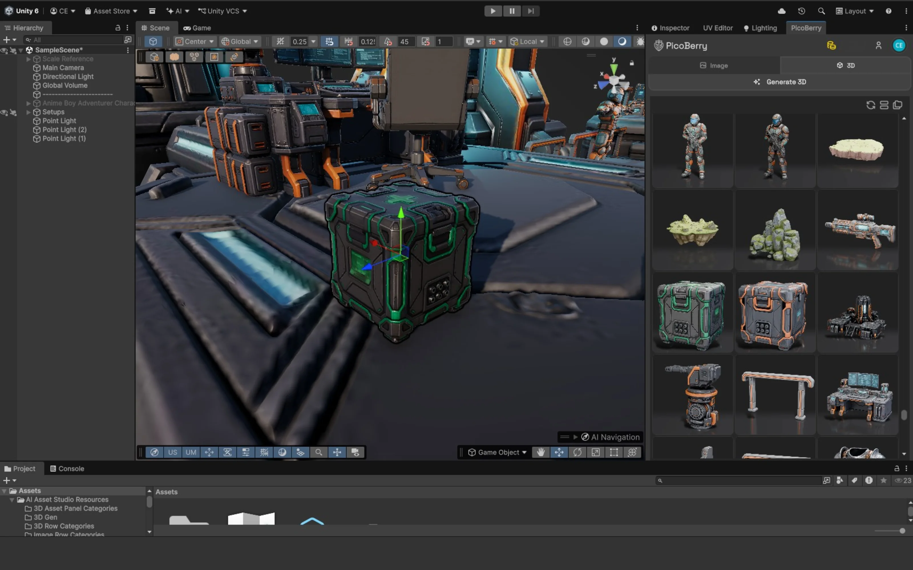 Unity 에디터에 도킹된 PicoBerry 패널에서 생성한 3D 에셋 후보를 그리드로 보여 주고, SF 상자를 열린 씬에 배치한 화면