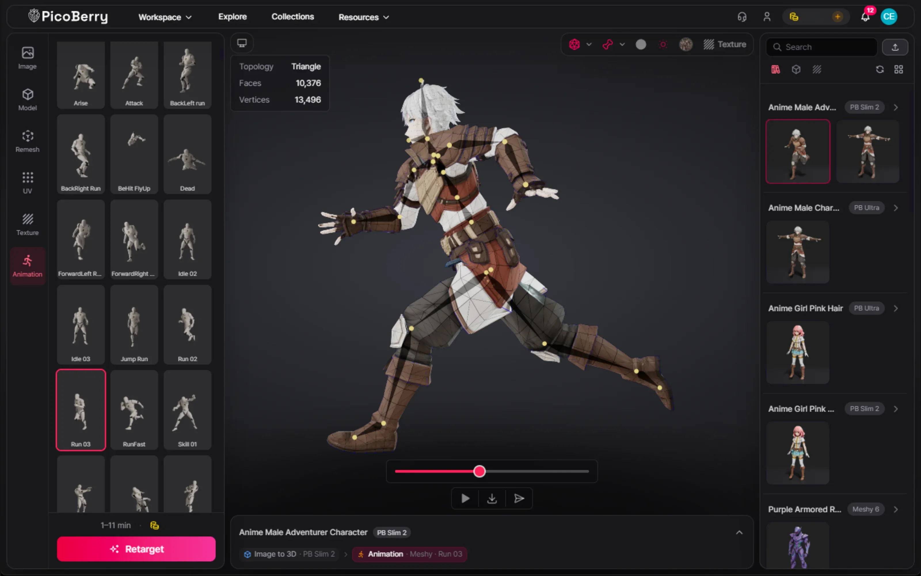The chosen character auto-rigged in PicoBerry and playing a run animation, with its face and vertex counts and the animation library