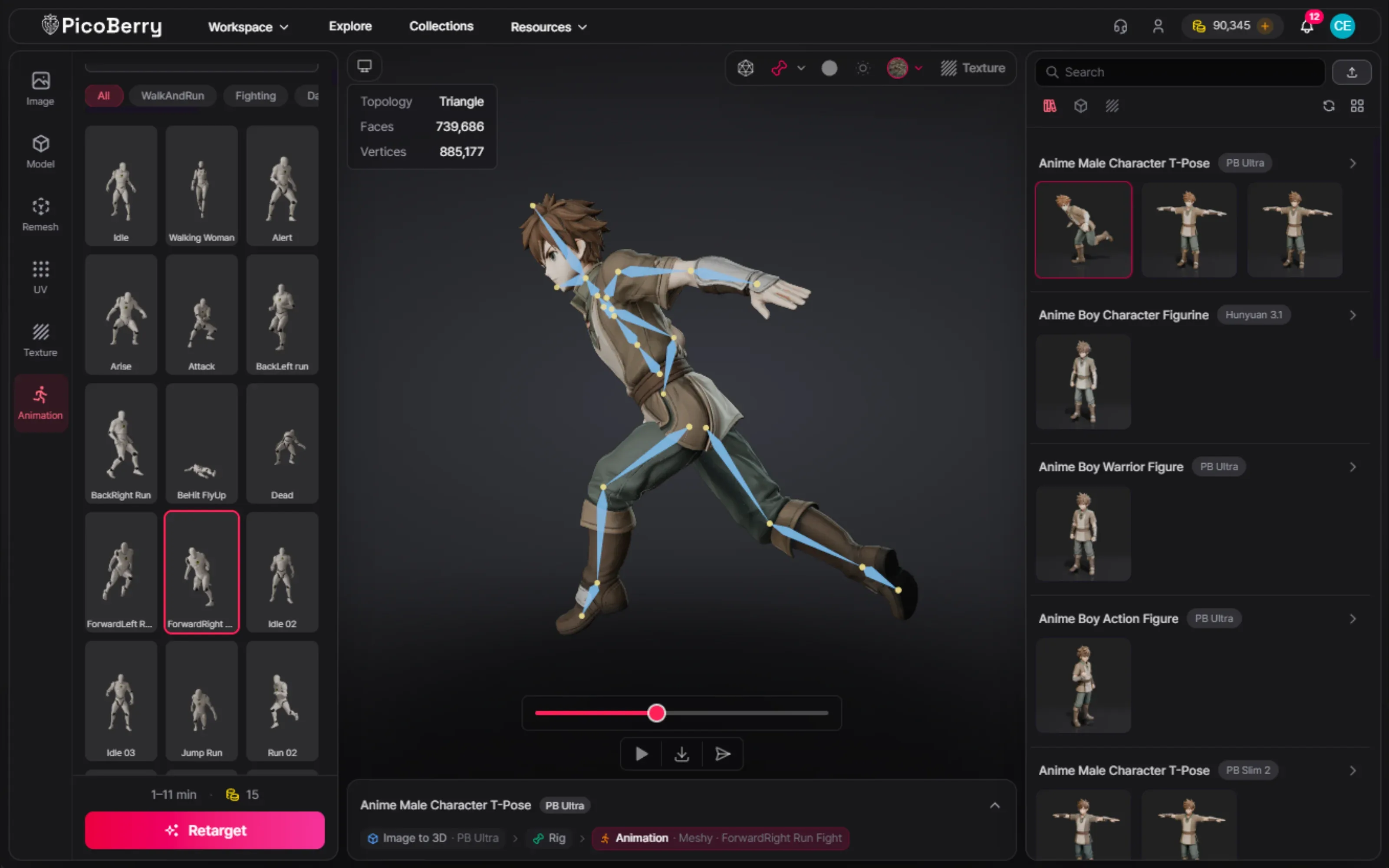The rigged anime character playing a run animation from PicoBerry’s animation library, with a playback timeline and preset poses