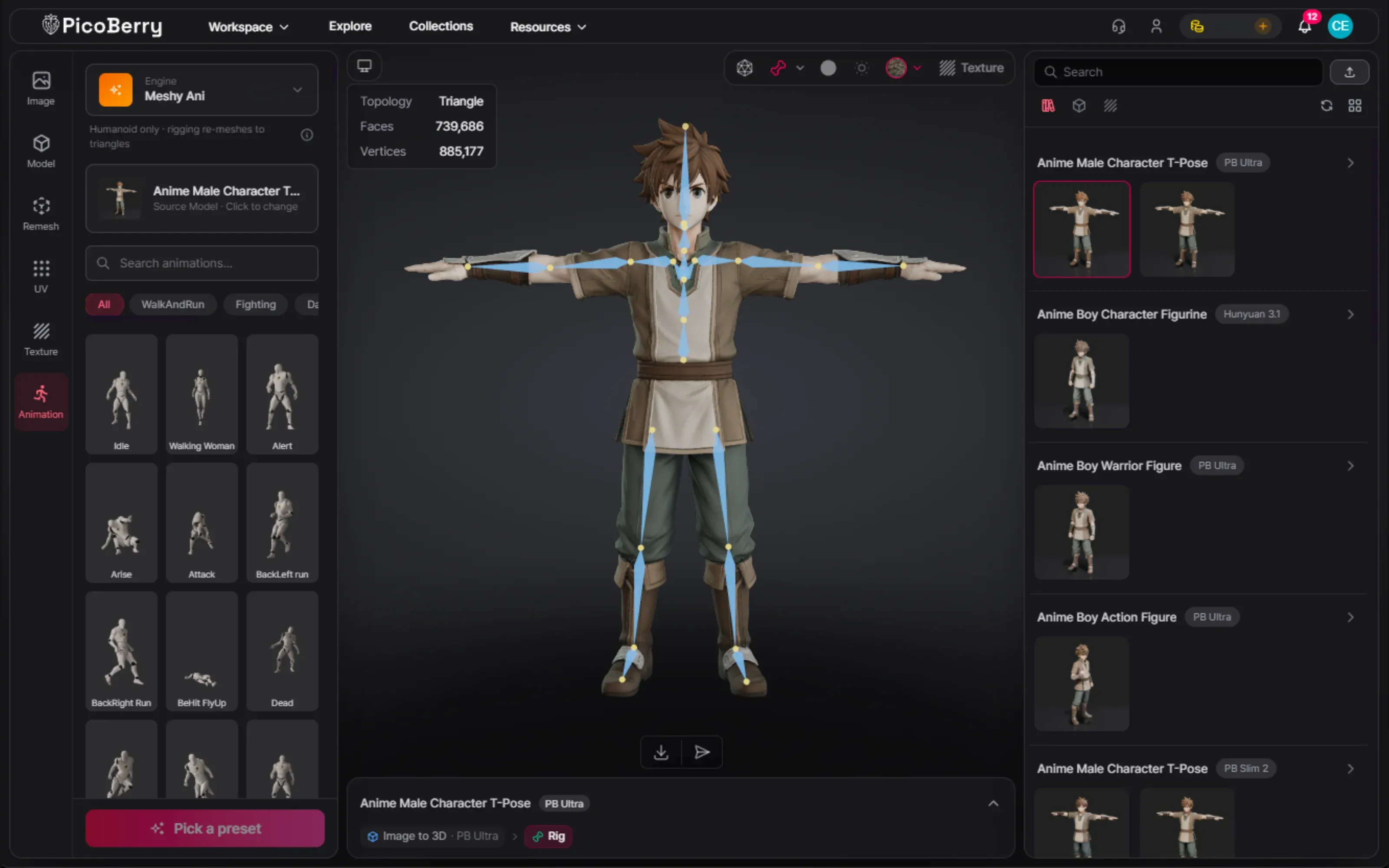 The anime character auto-rigged in PicoBerry with a clean bone skeleton in T-pose, beside the animation library, ready for rigging