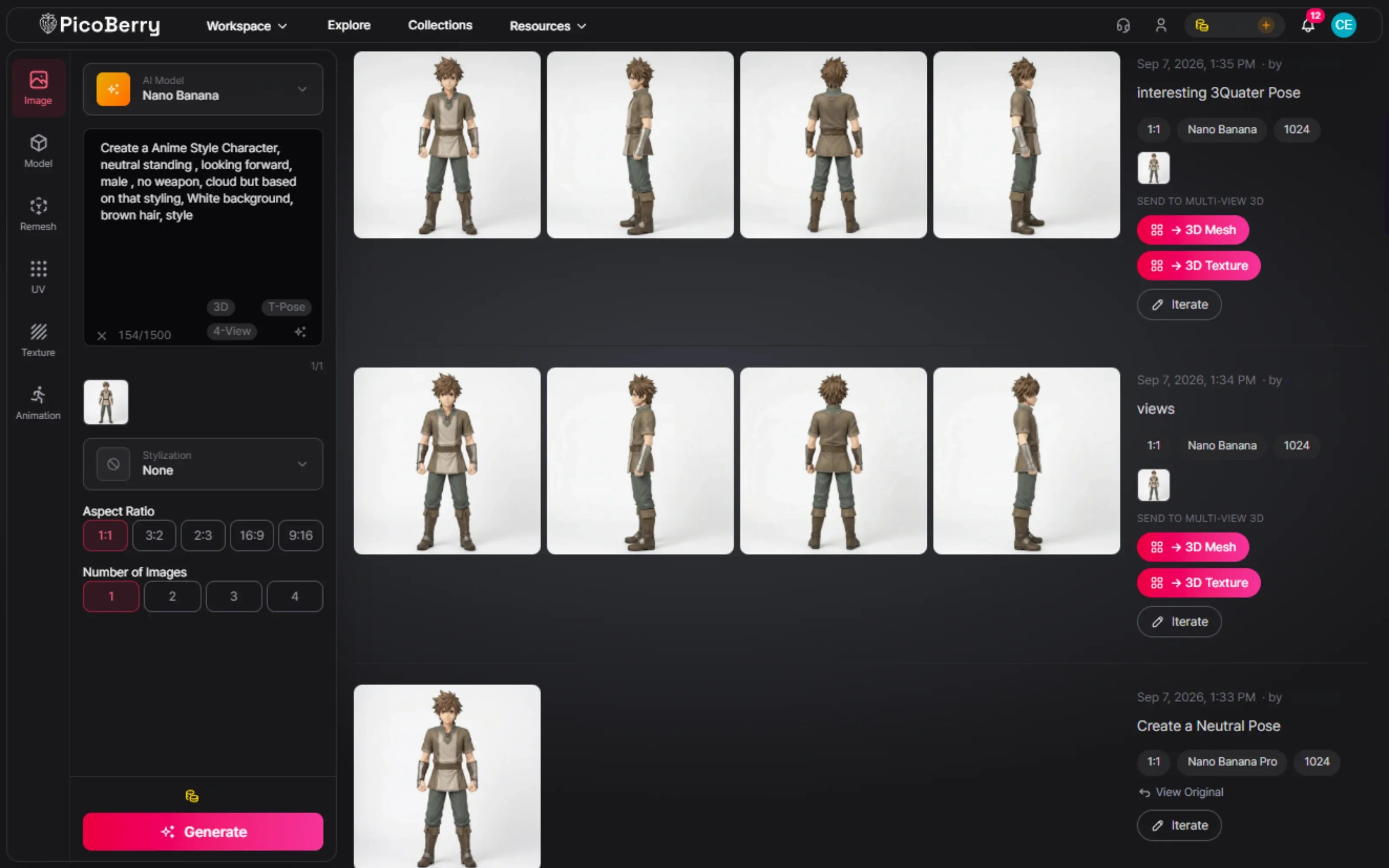 PicoBerry’s image workspace generating an anime male character in consistent front, side, back and three-quarter views, showing a clear silhouette and proportions