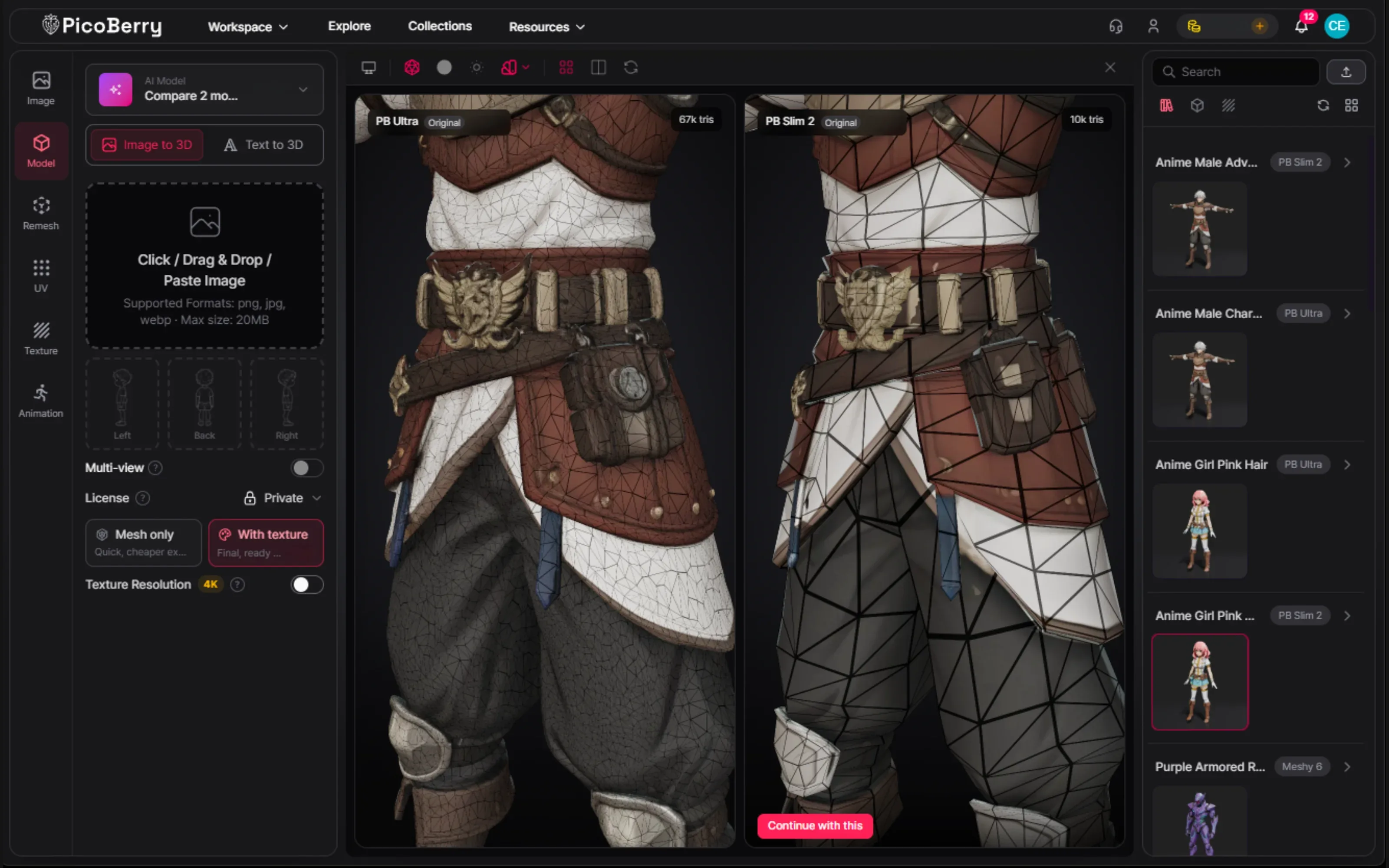 Wireframe close-up of the same character on PB Ultra and PB Slim 2, comparing the denser and leaner topology around the torso and belt
