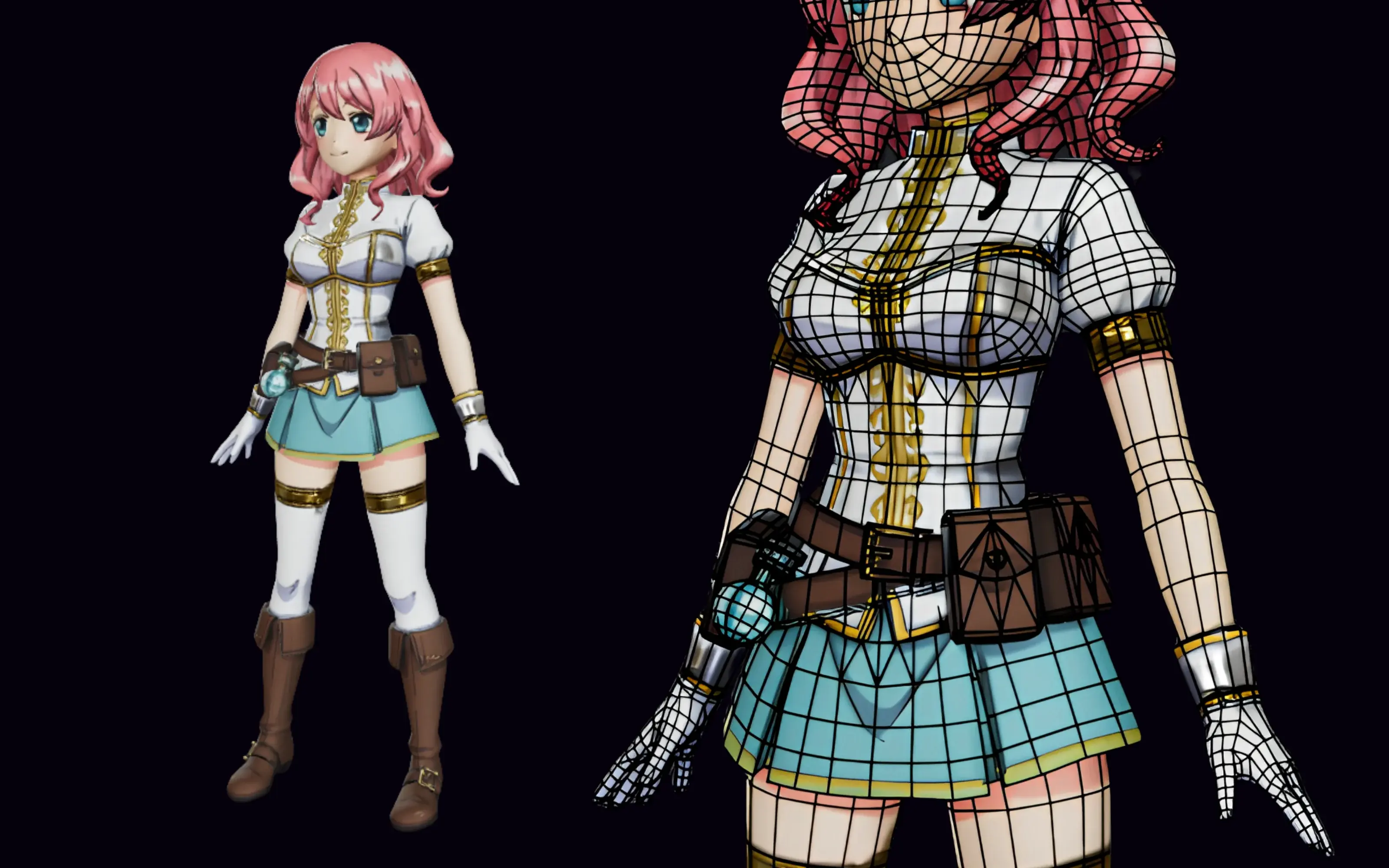 A pink-haired anime girl adventurer character in a white top and teal skirt, shown textured and with its clean rig-ready wireframe topology