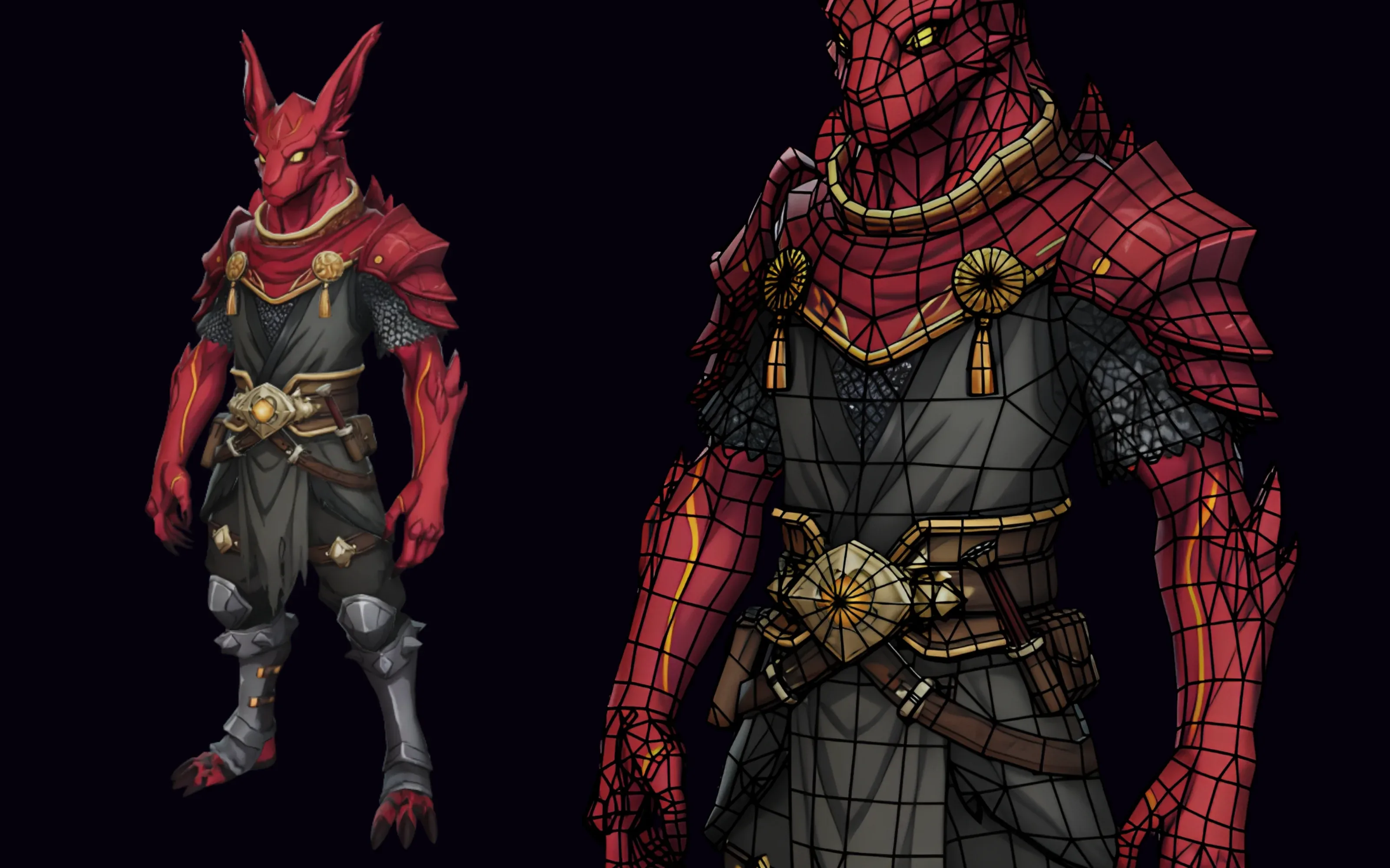 A red dragon-kin warrior character in samurai armor, shown textured and with its wireframe topology