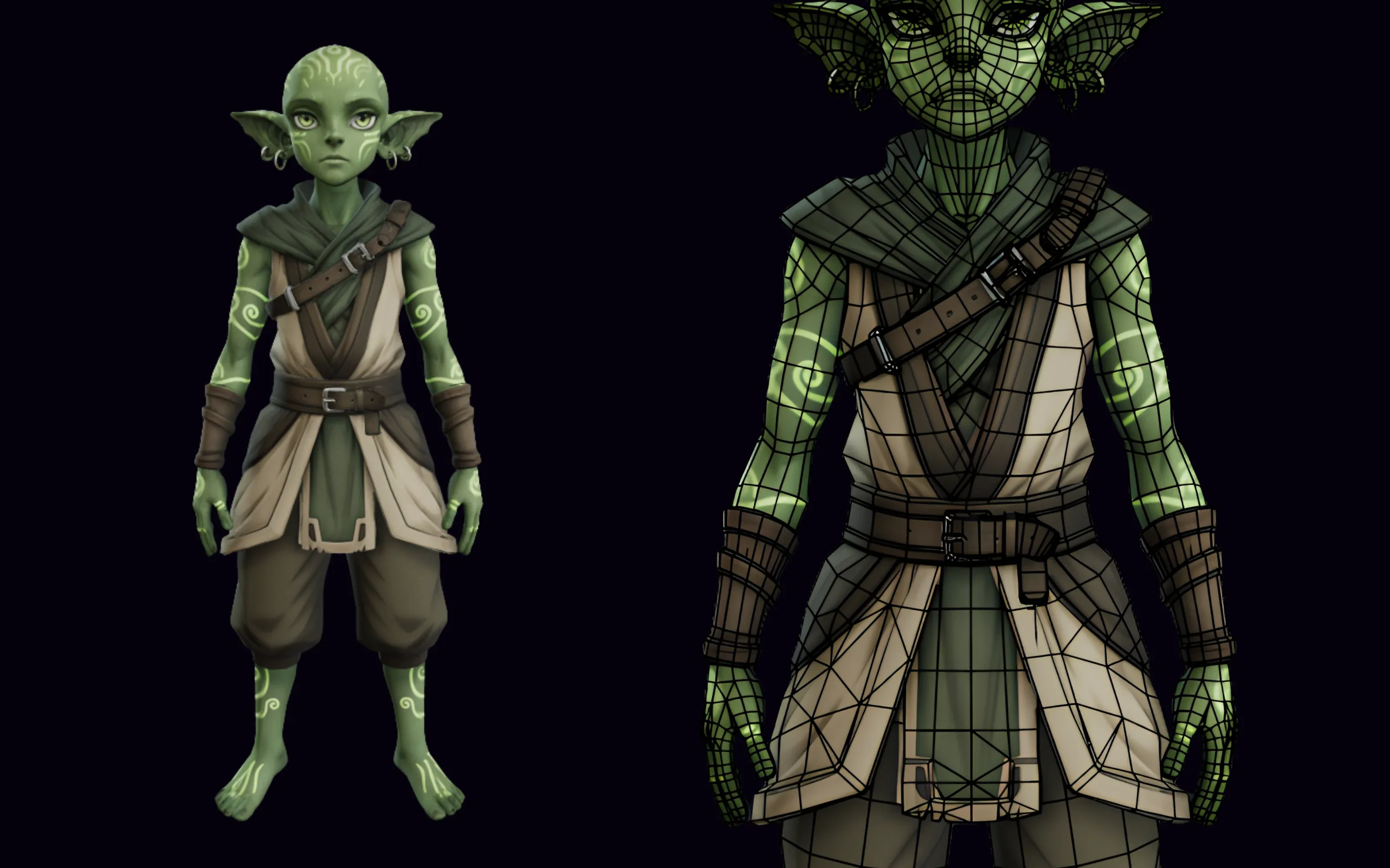 A green-skinned humanoid character with glowing tattoos and monk robes, shown textured and with its wireframe topology
