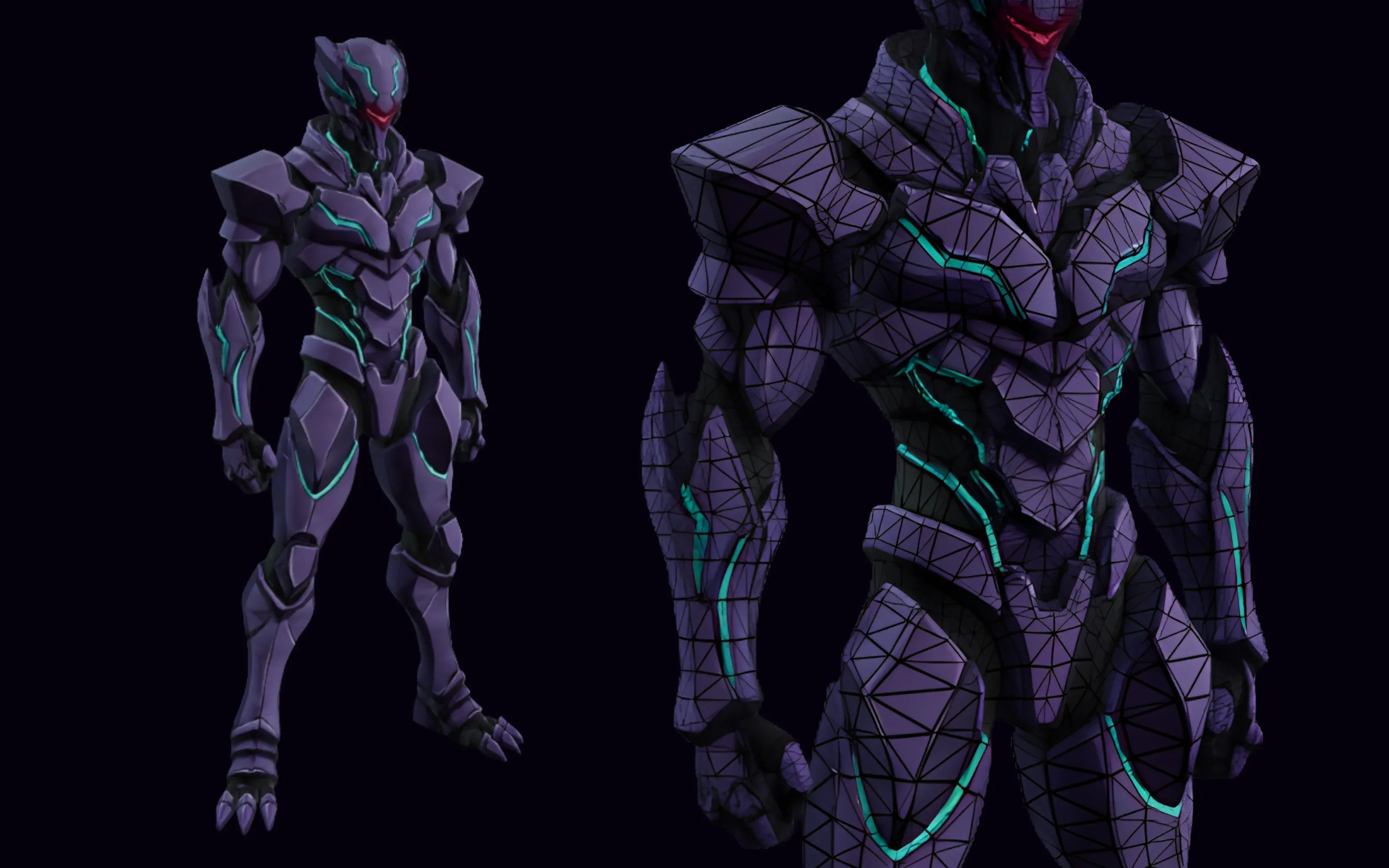 A purple sci-fi armored warrior with glowing teal energy lines, shown textured and with its wireframe topology