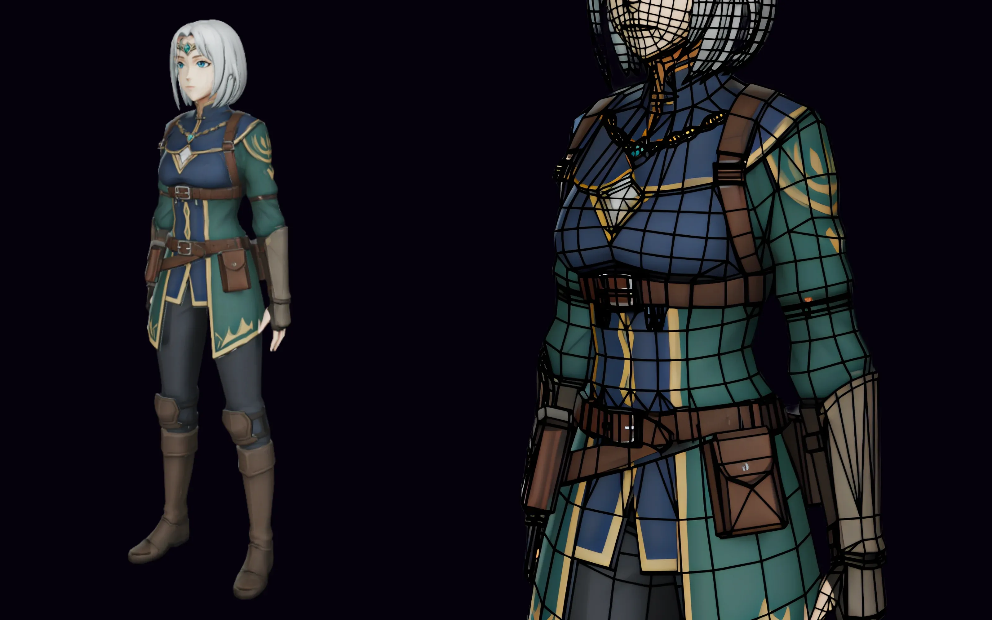A silver-haired anime mage character in a green-and-blue tunic with a gem circlet, shown textured and with its wireframe topology