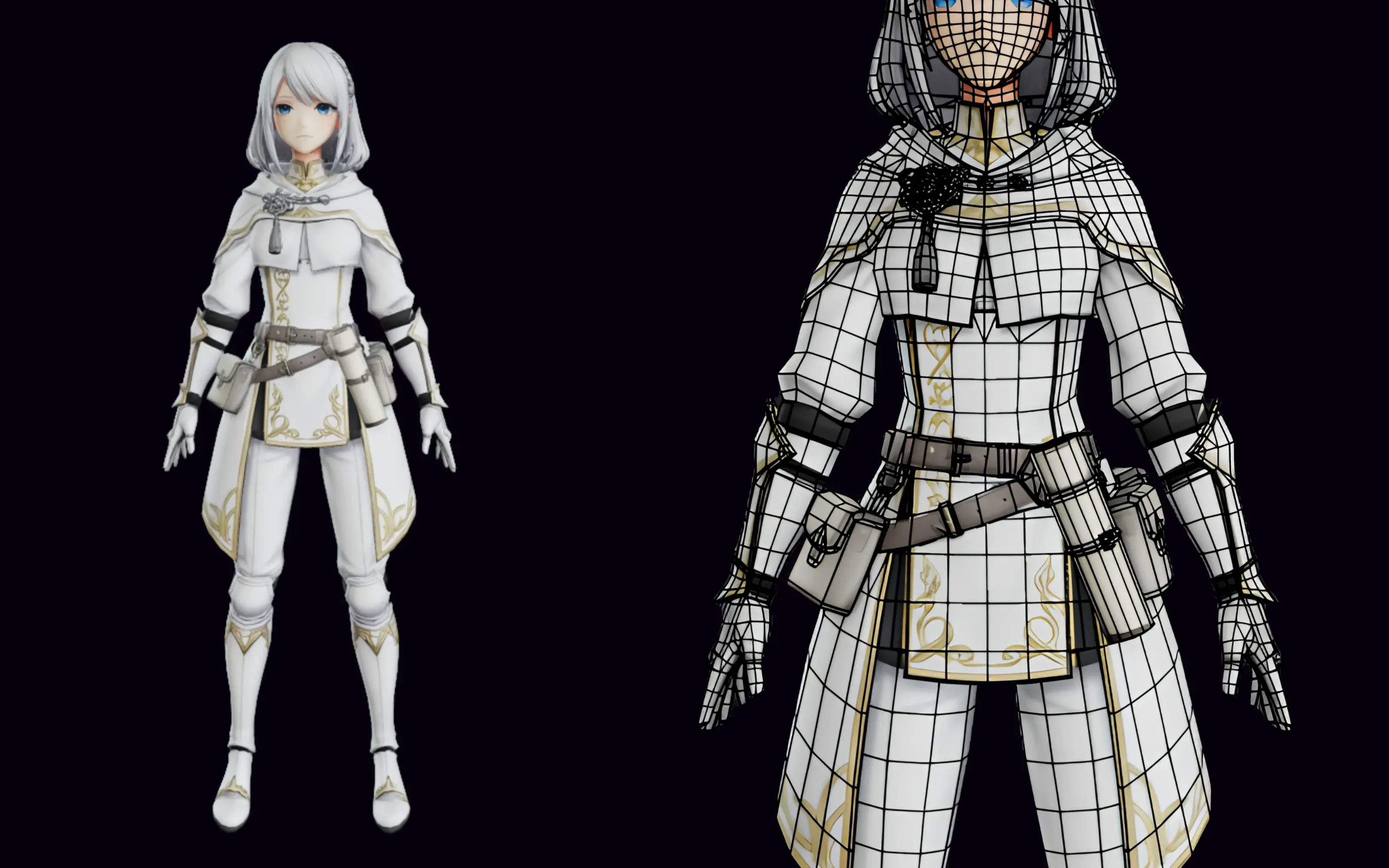 A silver-haired anime cleric character in white-and-gold hooded robes, shown textured and with its wireframe topology