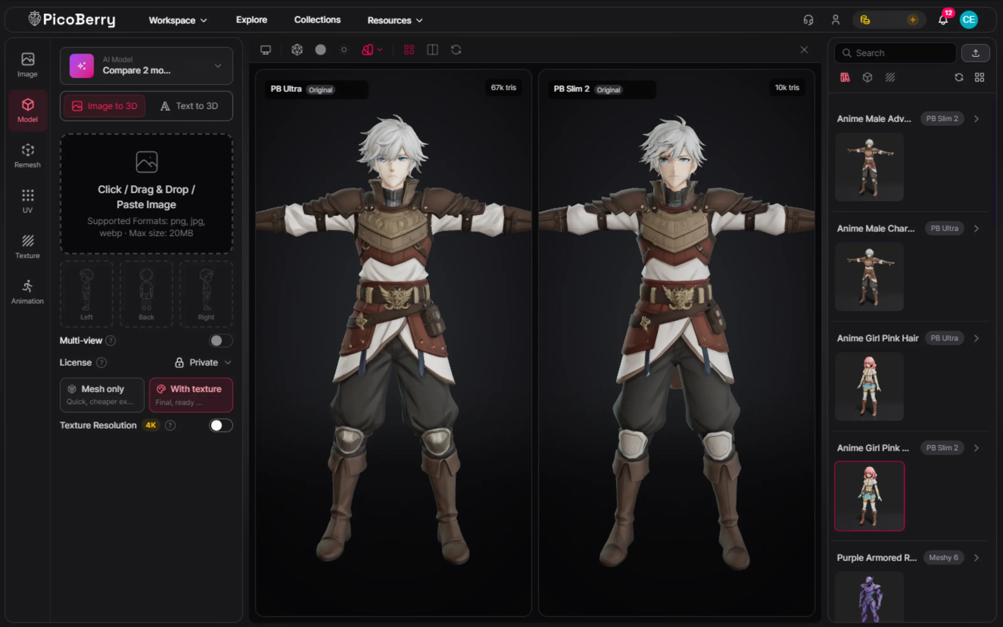PicoBerry’s compare view showing the same armored anime character in T-pose on PB Ultra at 67k triangles and PB Slim 2 at 10k triangles, side by side