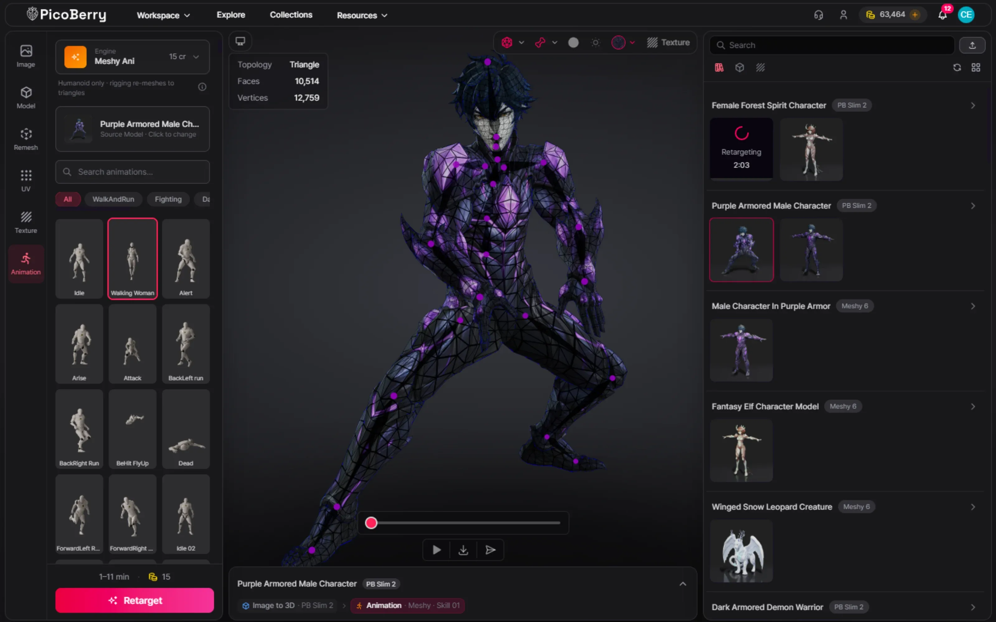 The chosen creature auto-rigged in PicoBerry and playing an action animation, with its face and vertex counts and the animation library