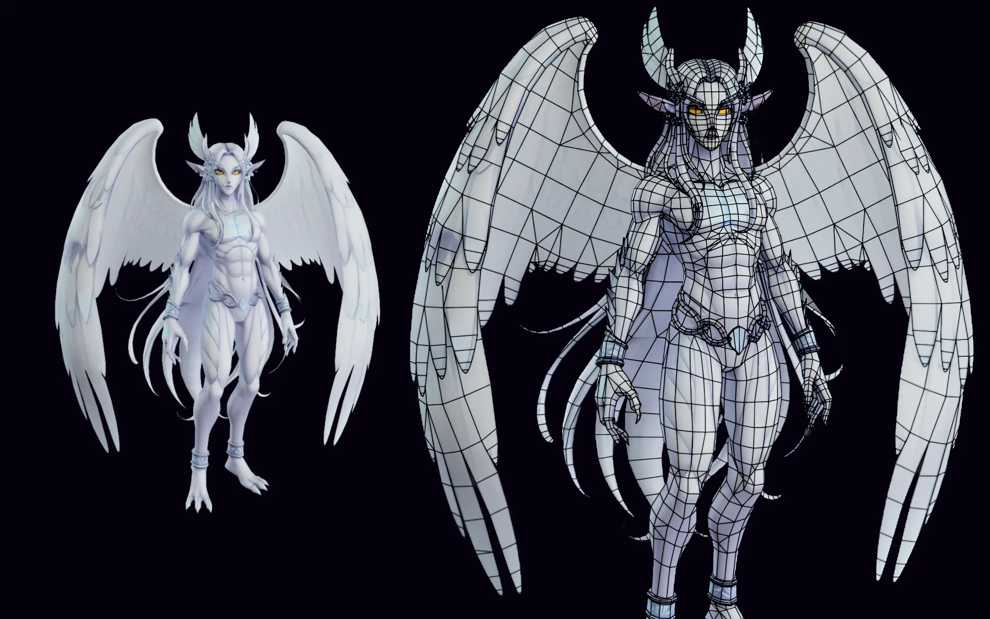A white winged, horned angelic-demon creature, shown textured and with its wireframe topology