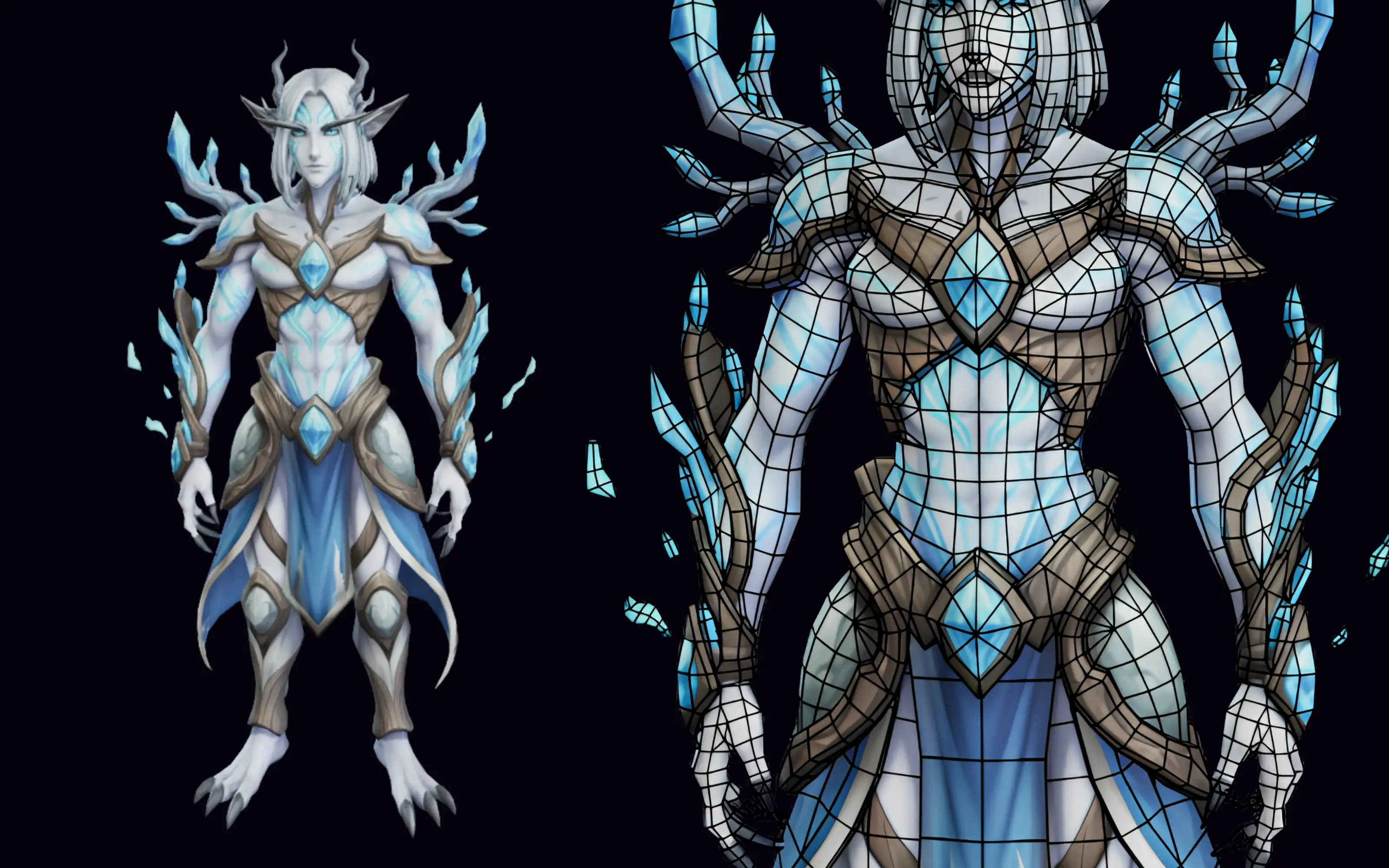 A blue ice-elemental humanoid creature with antlers and crystal growths, shown textured and with its wireframe topology