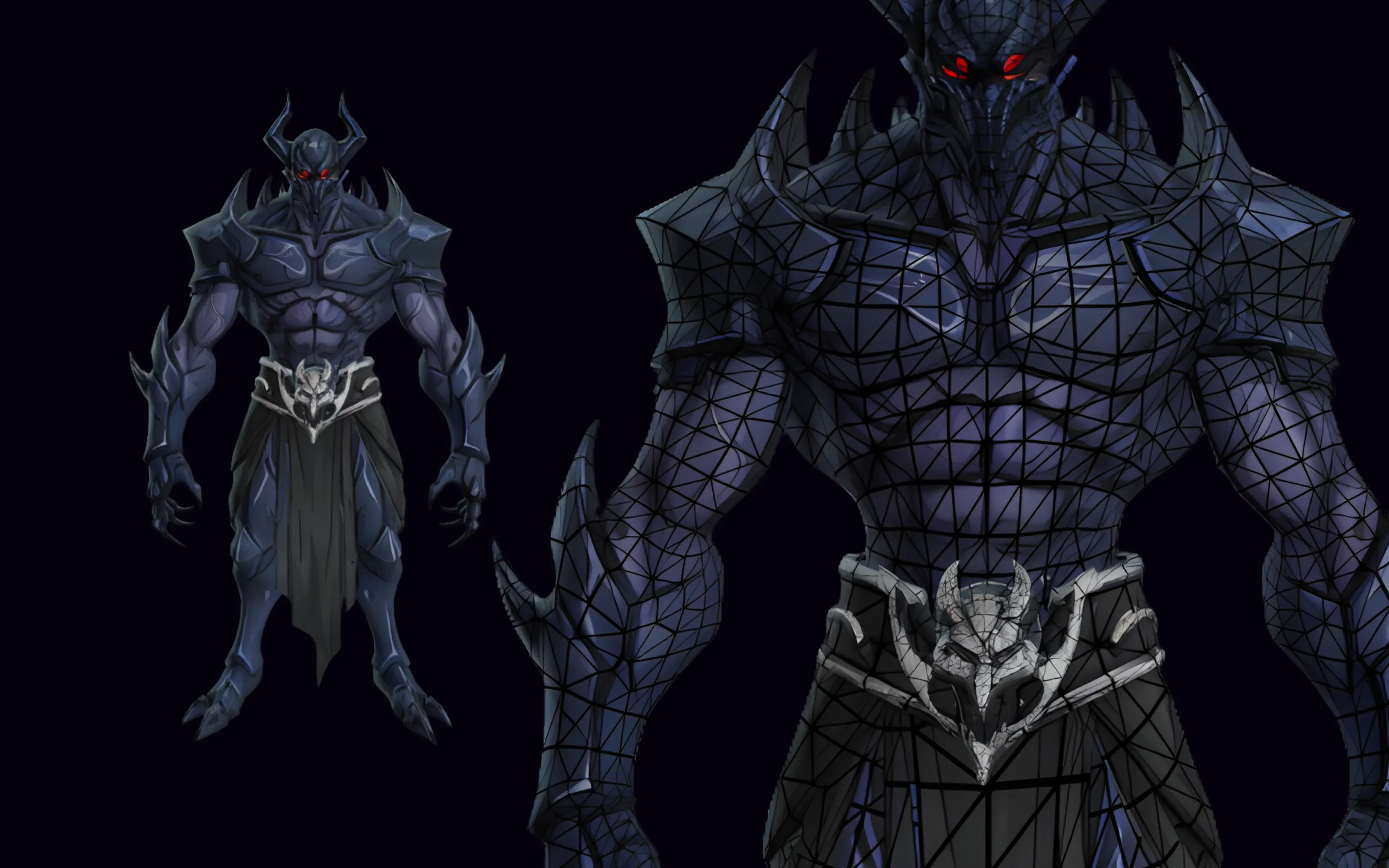 A dark horned demon warrior with red eyes and armored plating, shown textured and with its wireframe topology