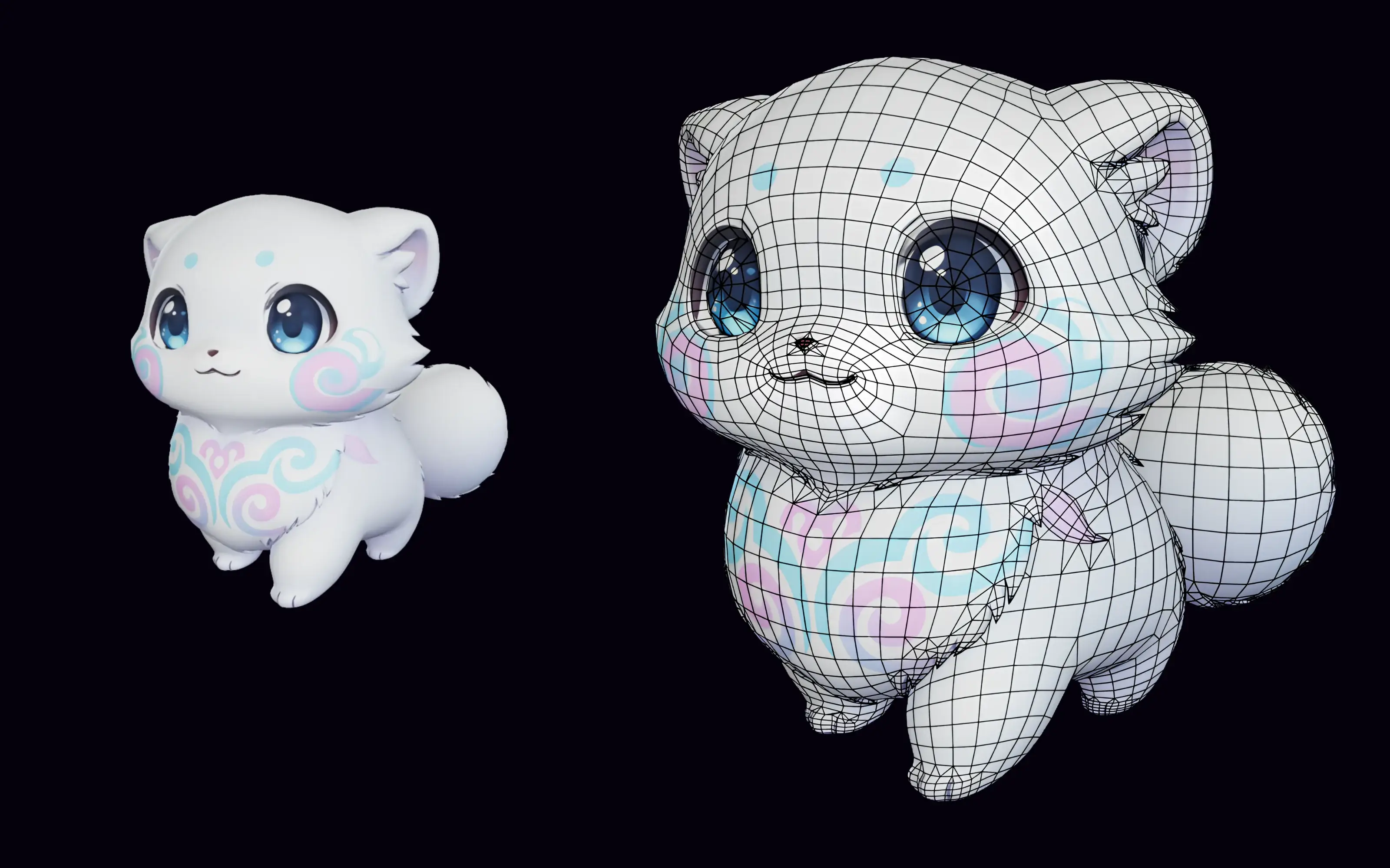 A cute chibi white fox critter with four legs and a fluffy tail, shown textured and with its wireframe topology