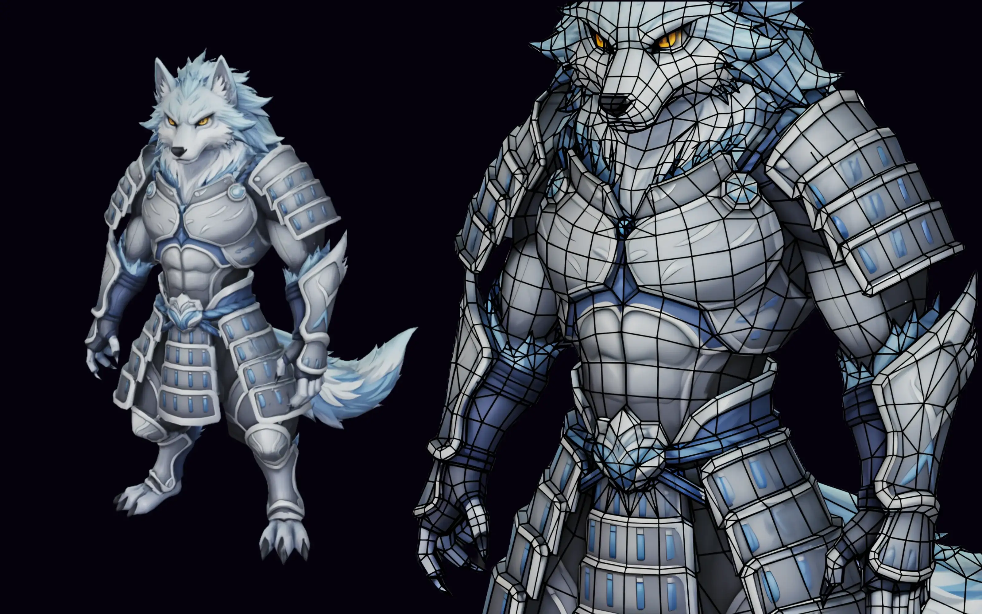 A large white wolf beastfolk warrior with a fluffy tail, shown textured and with its wireframe topology