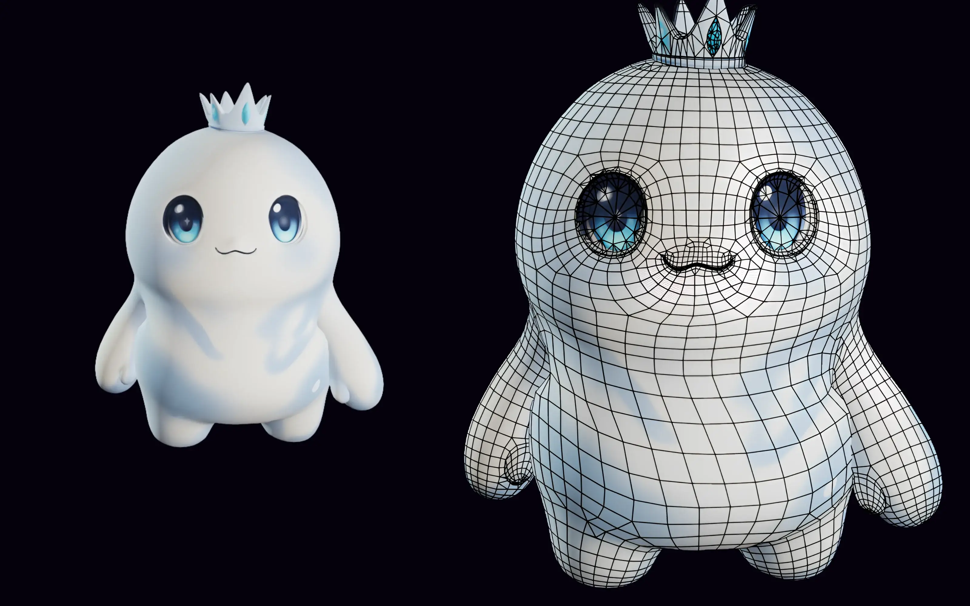 A cute chibi white blob critter with big eyes and a small crown, shown textured and with its wireframe topology