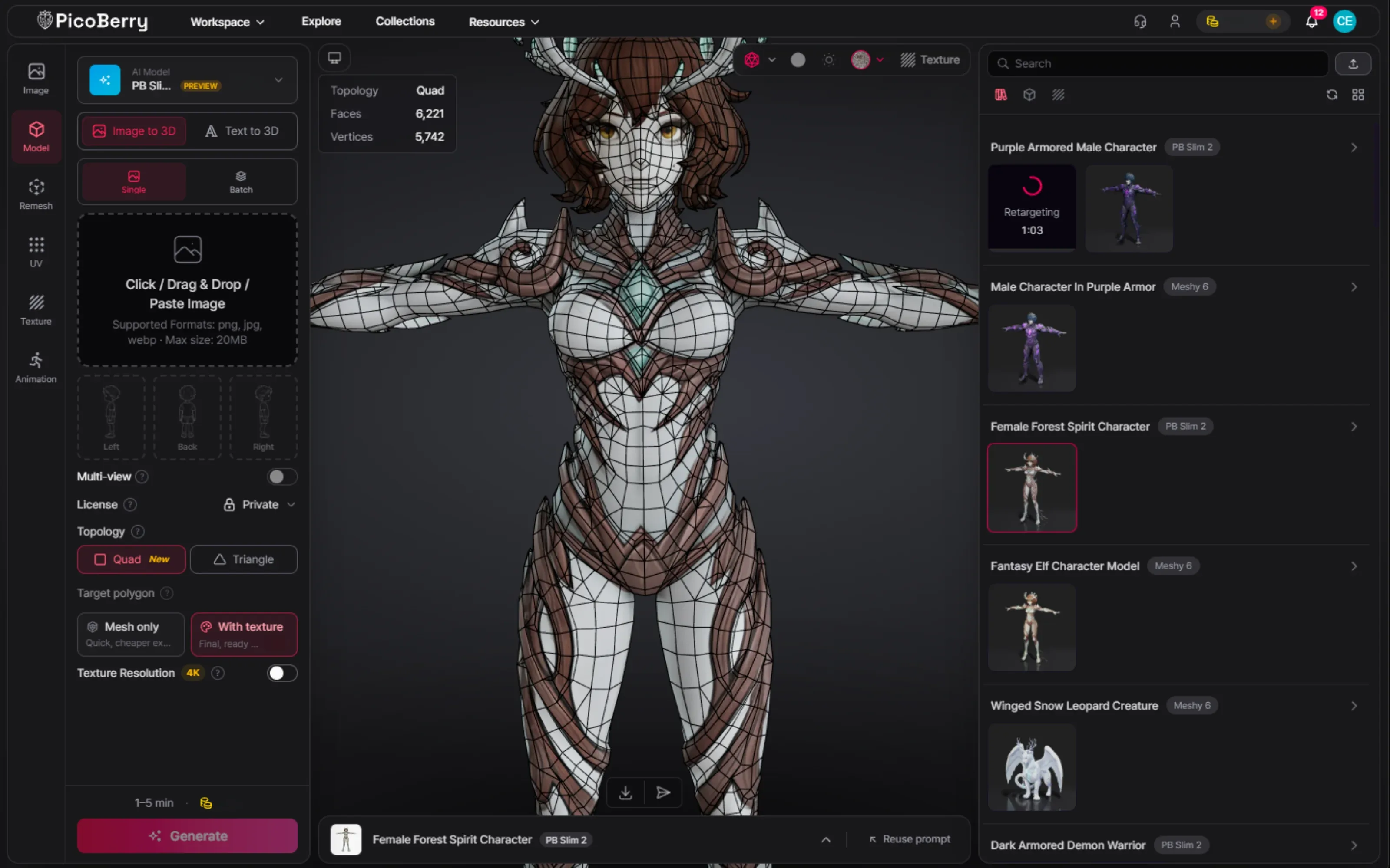 A generated creature shown in PicoBerry with clean quad wireframe topology and its face and vertex counts, built to deform at the joints