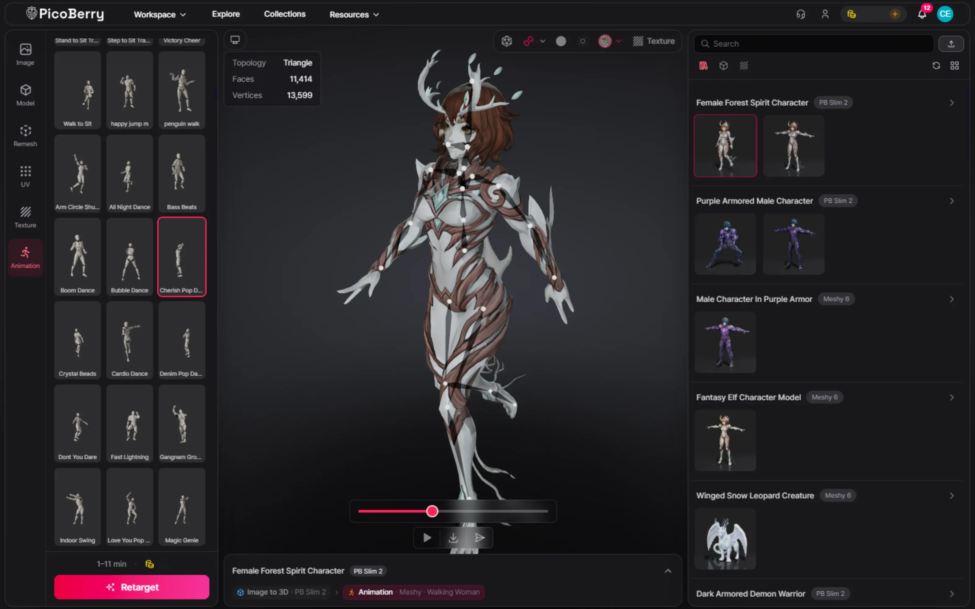 The rigged creature playing an animation from PicoBerry’s animation library, with a playback timeline and preset poses