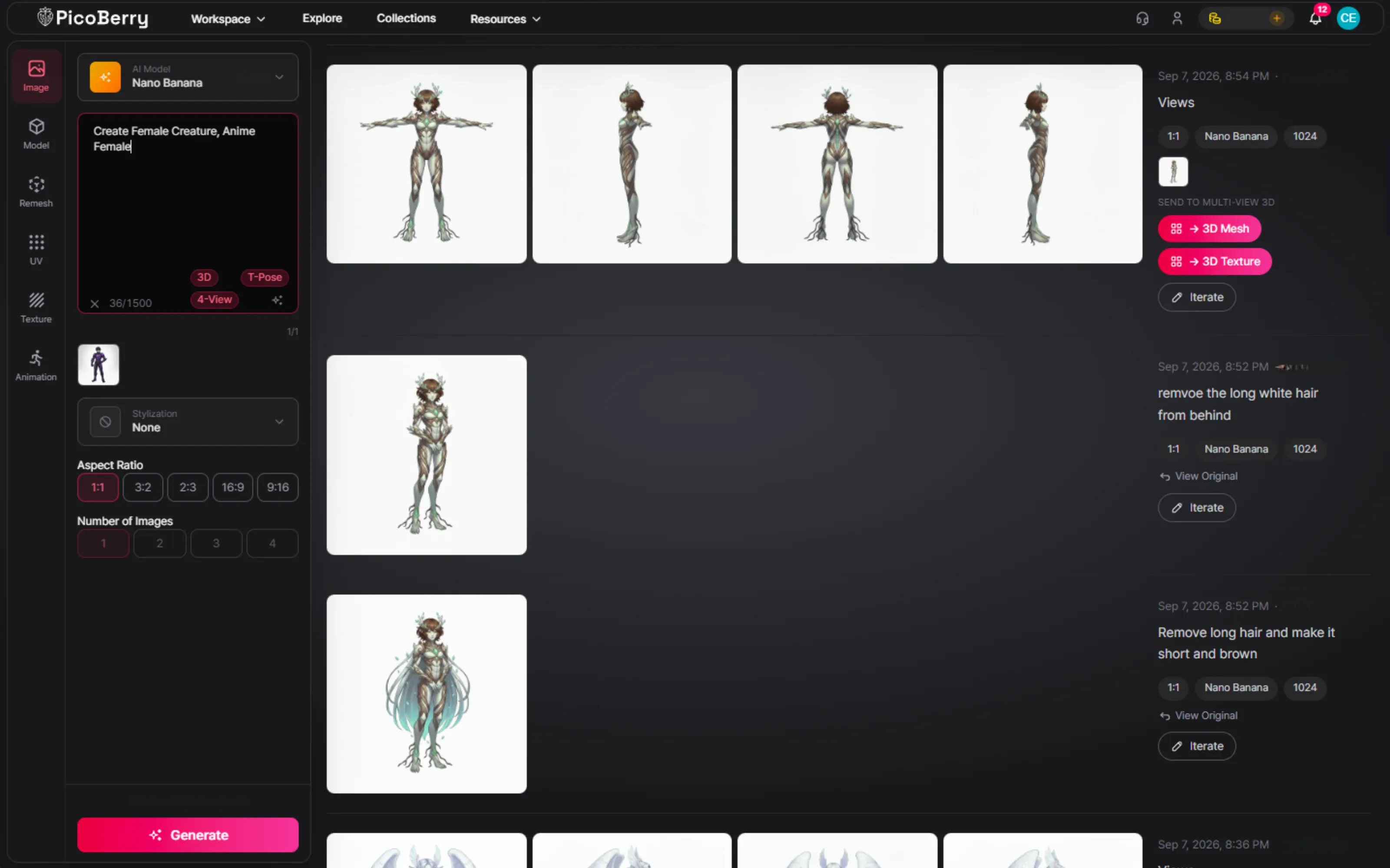 PicoBerry’s image workspace generating a nature-spirit creature in consistent front, side, back and three-quarter views, showing a clear, believable silhouette