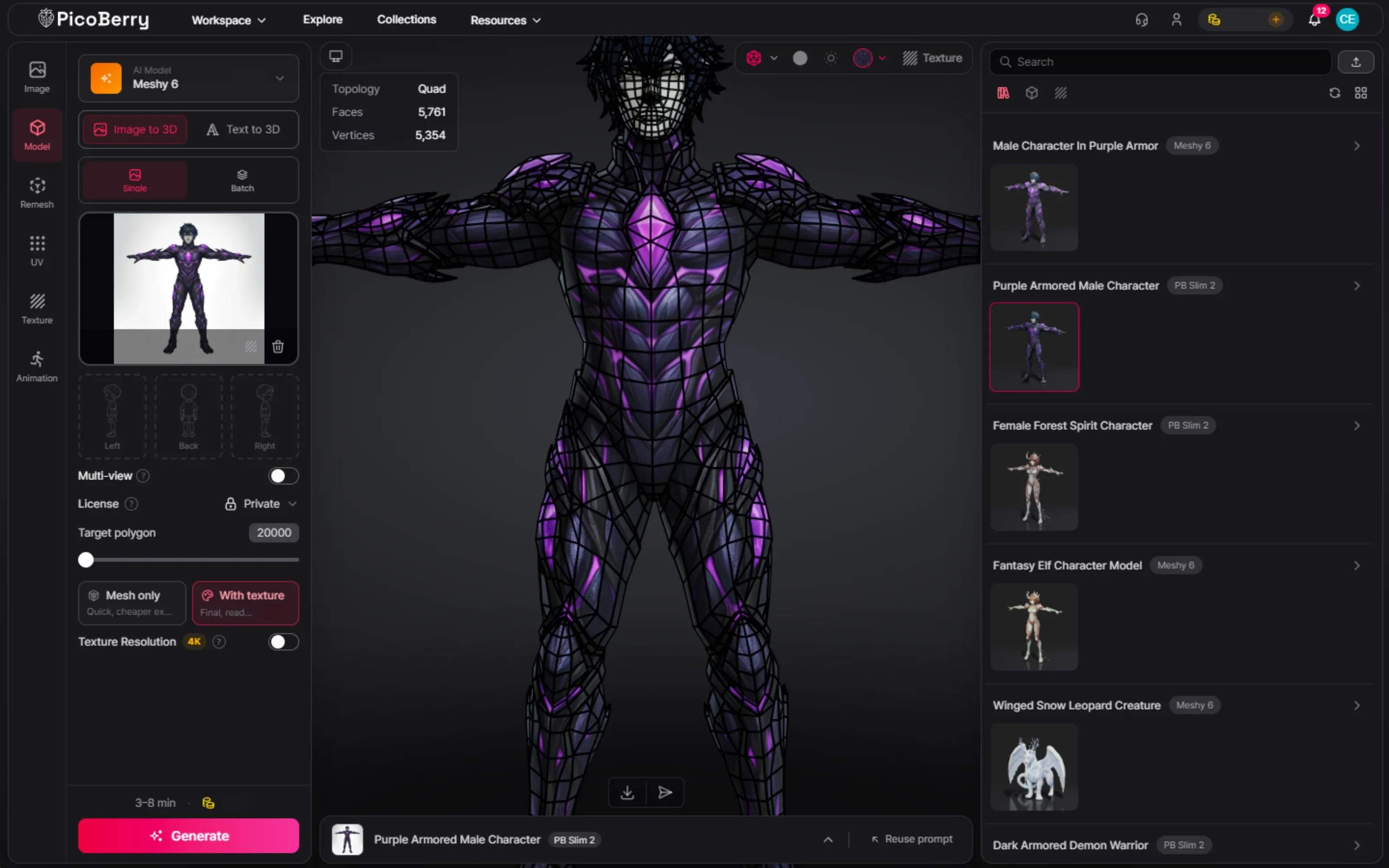 A generated creature shown in PicoBerry with its quad wireframe topology, revealing the loops around the shoulders, hips, and limbs that deform when it moves