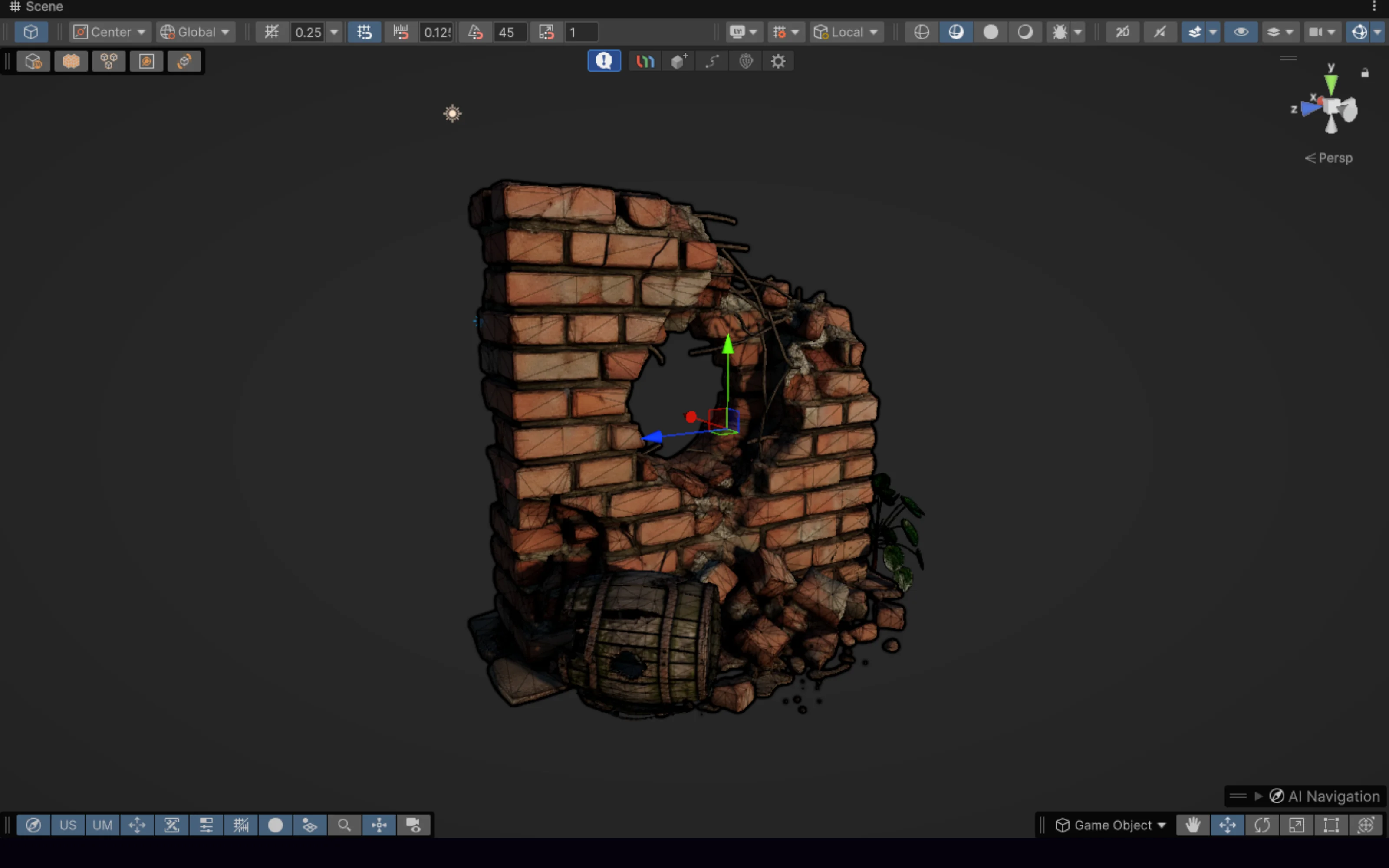 A generated ruined brick wall and barrel placed in a Unity scene with the transform gizmo, sized and pivoted to sit correctly
