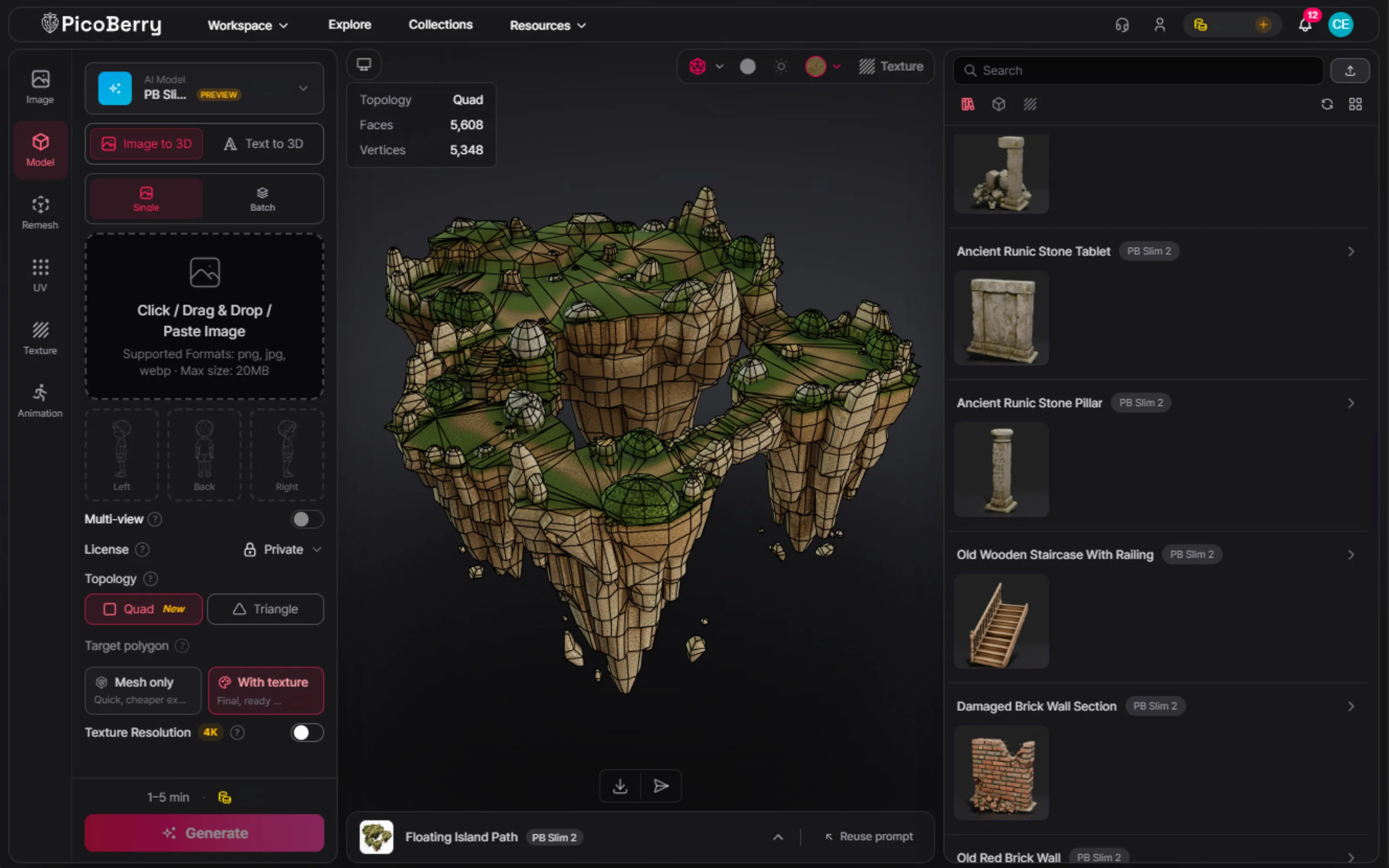 A generated environment terrain piece in PicoBerry with clean quad wireframe topology and a low face and vertex count, beside a library of matching environment assets
