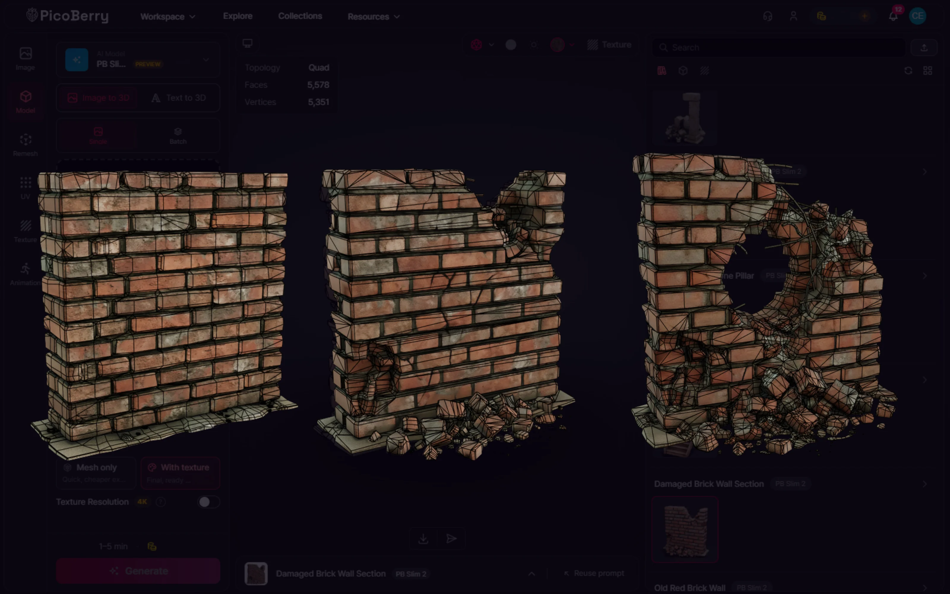 Three brick wall pieces generated in the same style, from intact to damaged, shown with wireframe topology in PicoBerry