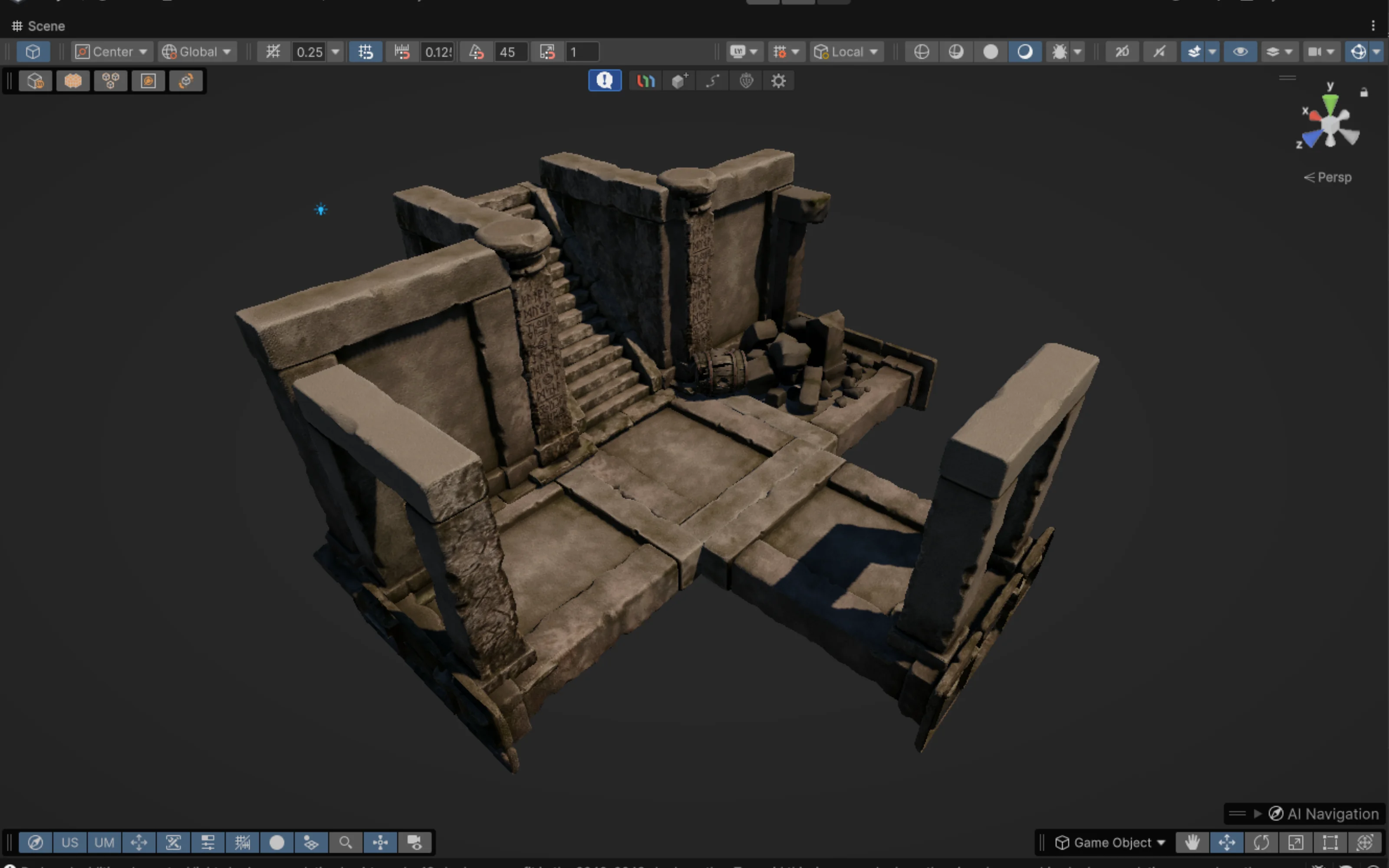 The ancient stone set assembled into a small ruins scene in the Unity Editor, pieces sharing one scale and style