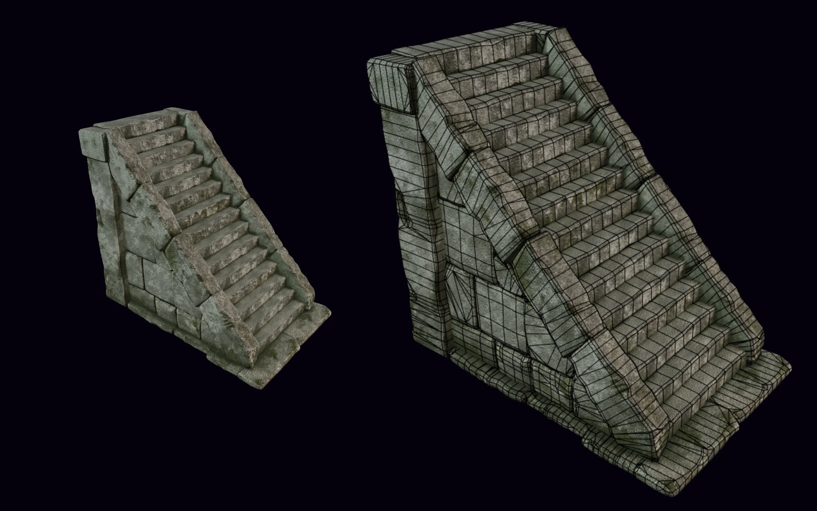 A weathered ancient stone staircase environment asset, shown textured and with its wireframe topology in PicoBerry
