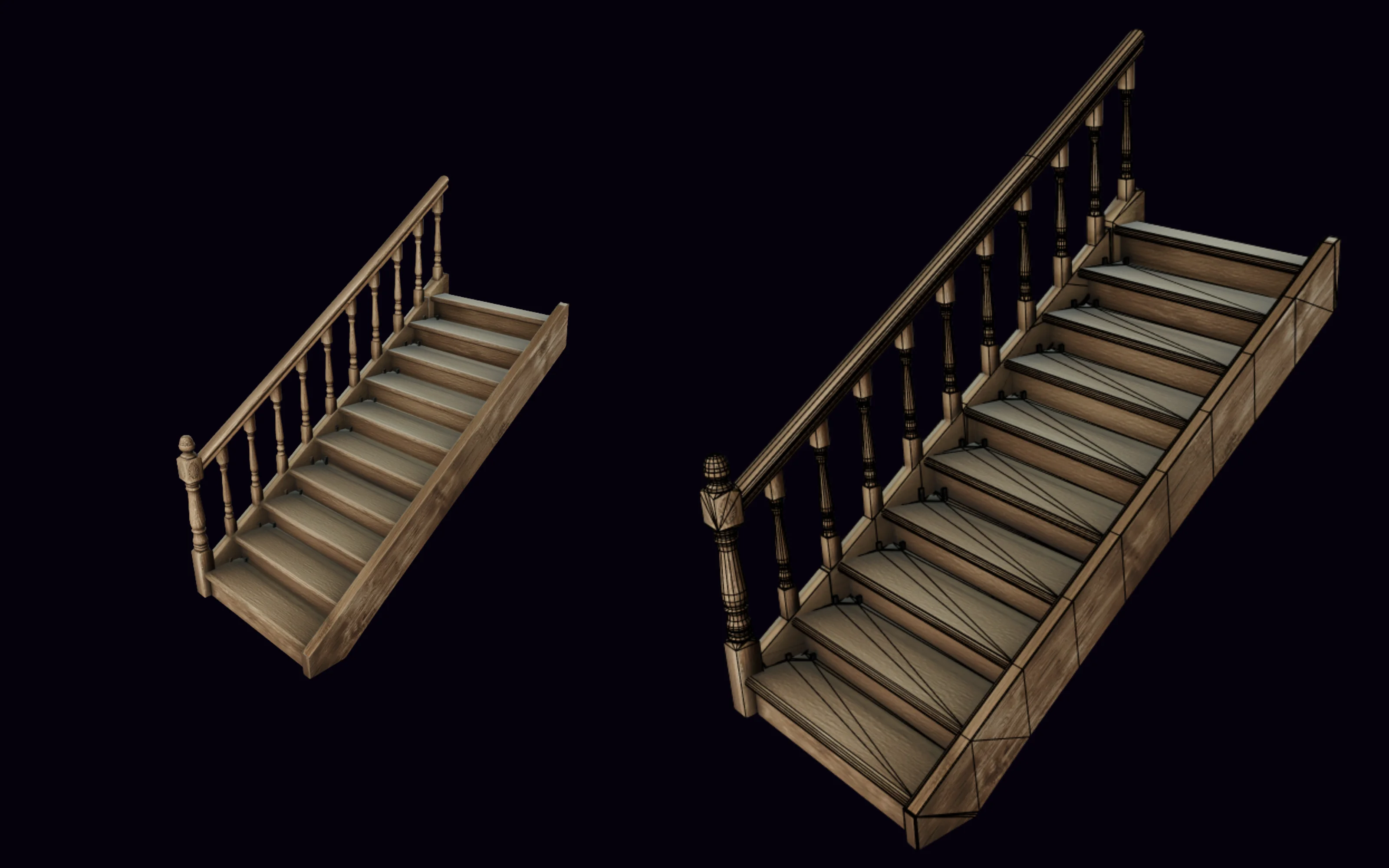 A wooden staircase with a turned-baluster railing, shown textured and with its wireframe topology in PicoBerry