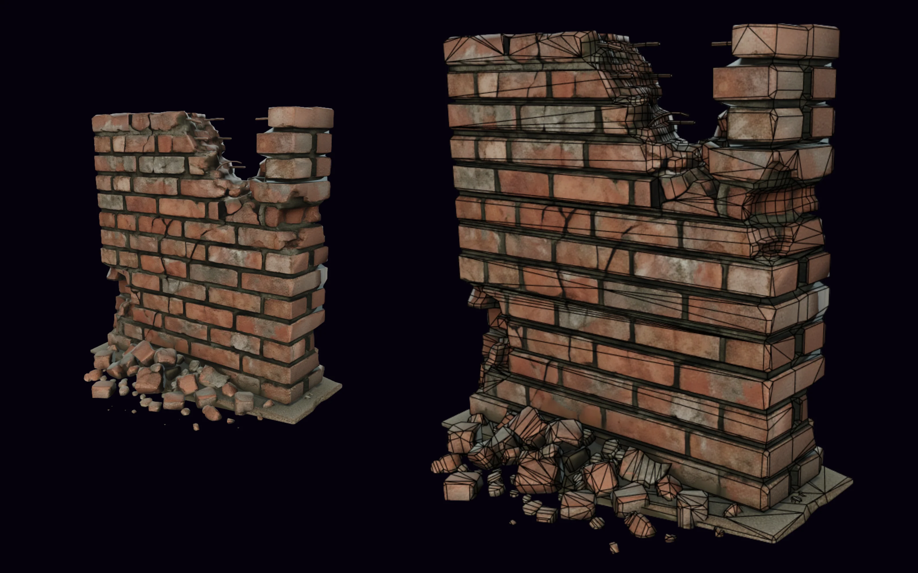 A ruined red brick wall with scattered rubble and exposed rebar, shown textured and with its wireframe topology in PicoBerry