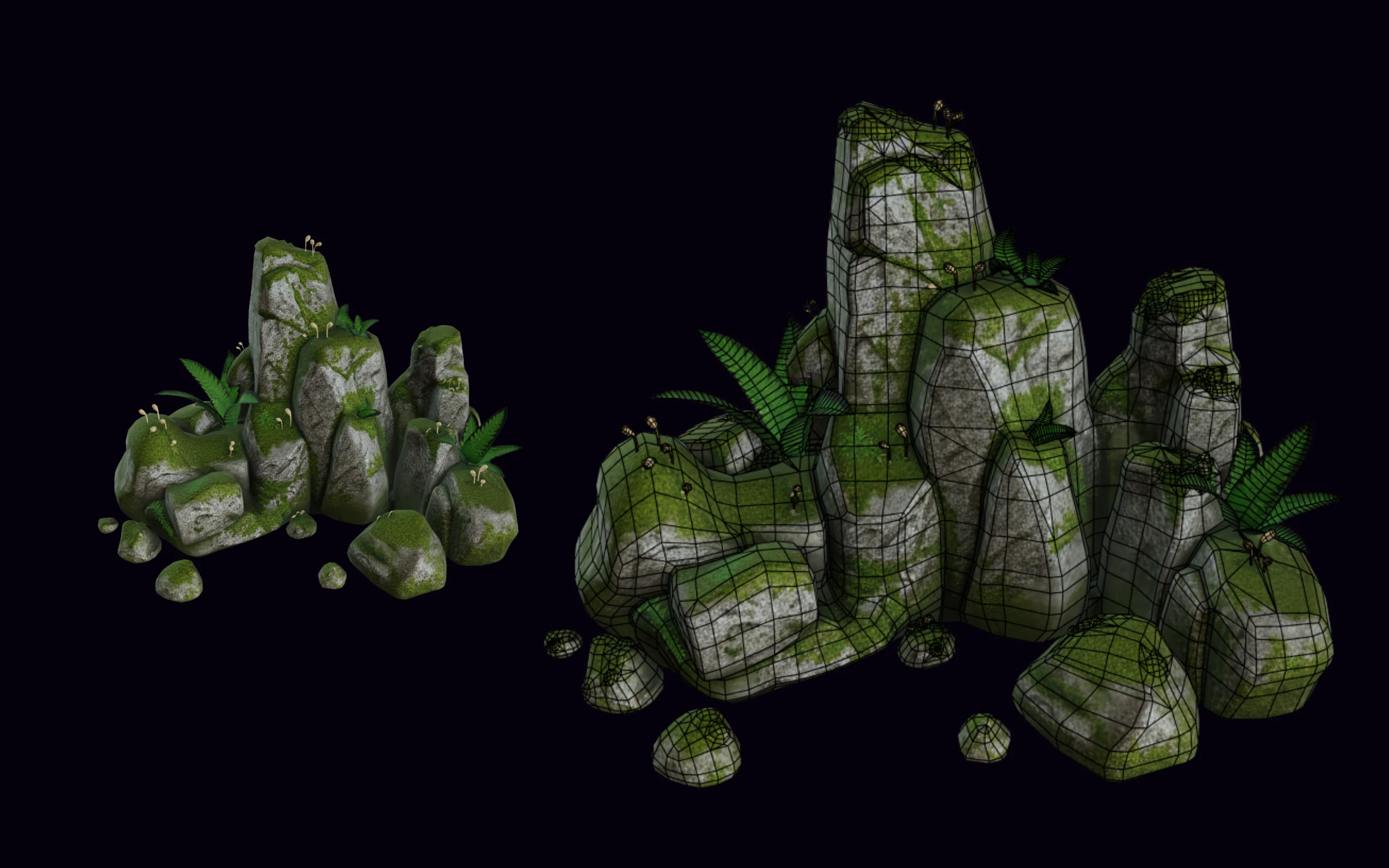 A cluster of mossy rocks with small ferns, shown textured and with its wireframe topology in PicoBerry