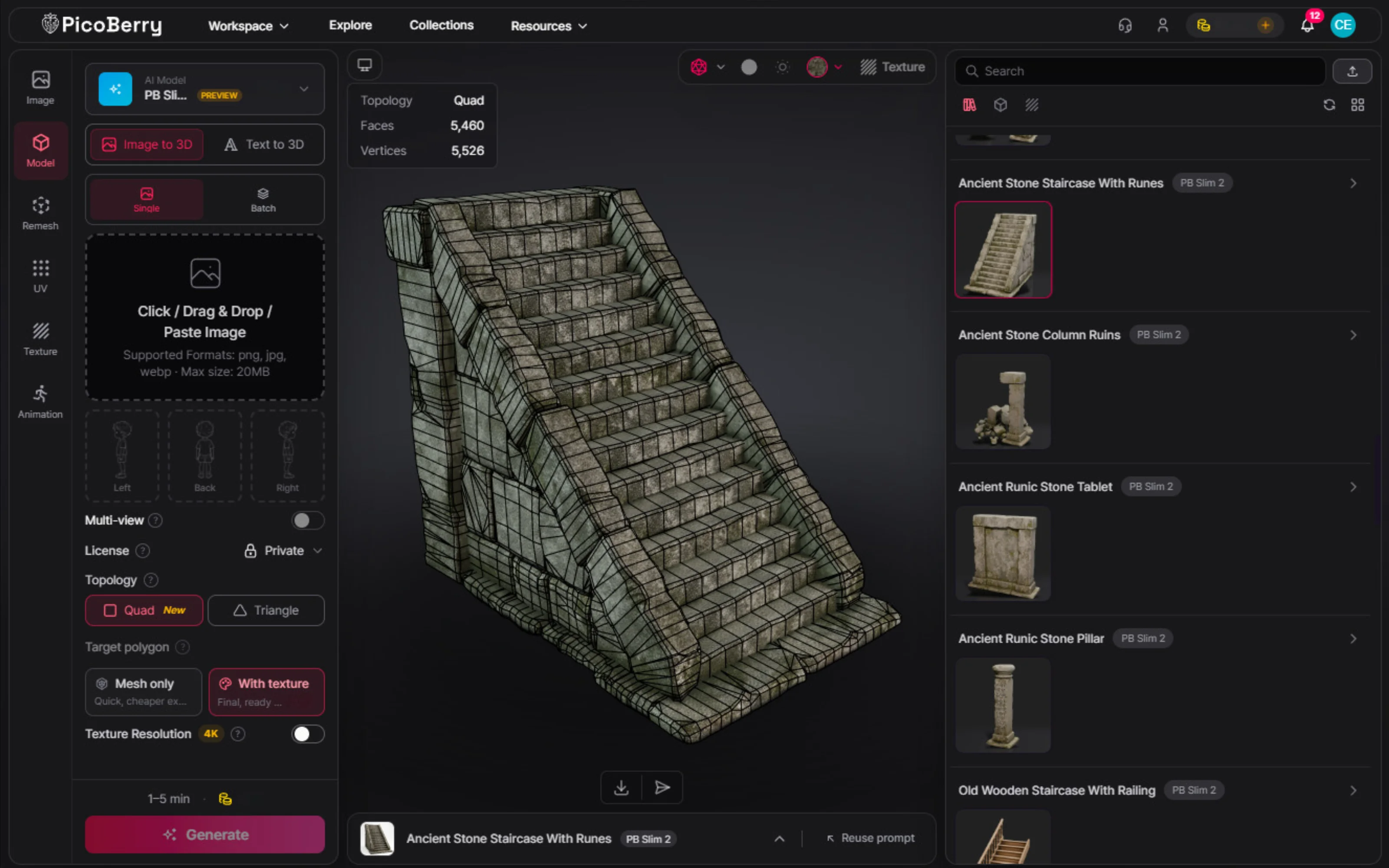 An ancient stone staircase shown in PicoBerry with clean quad wireframe topology and a low face count, beside the rest of the matching stone set